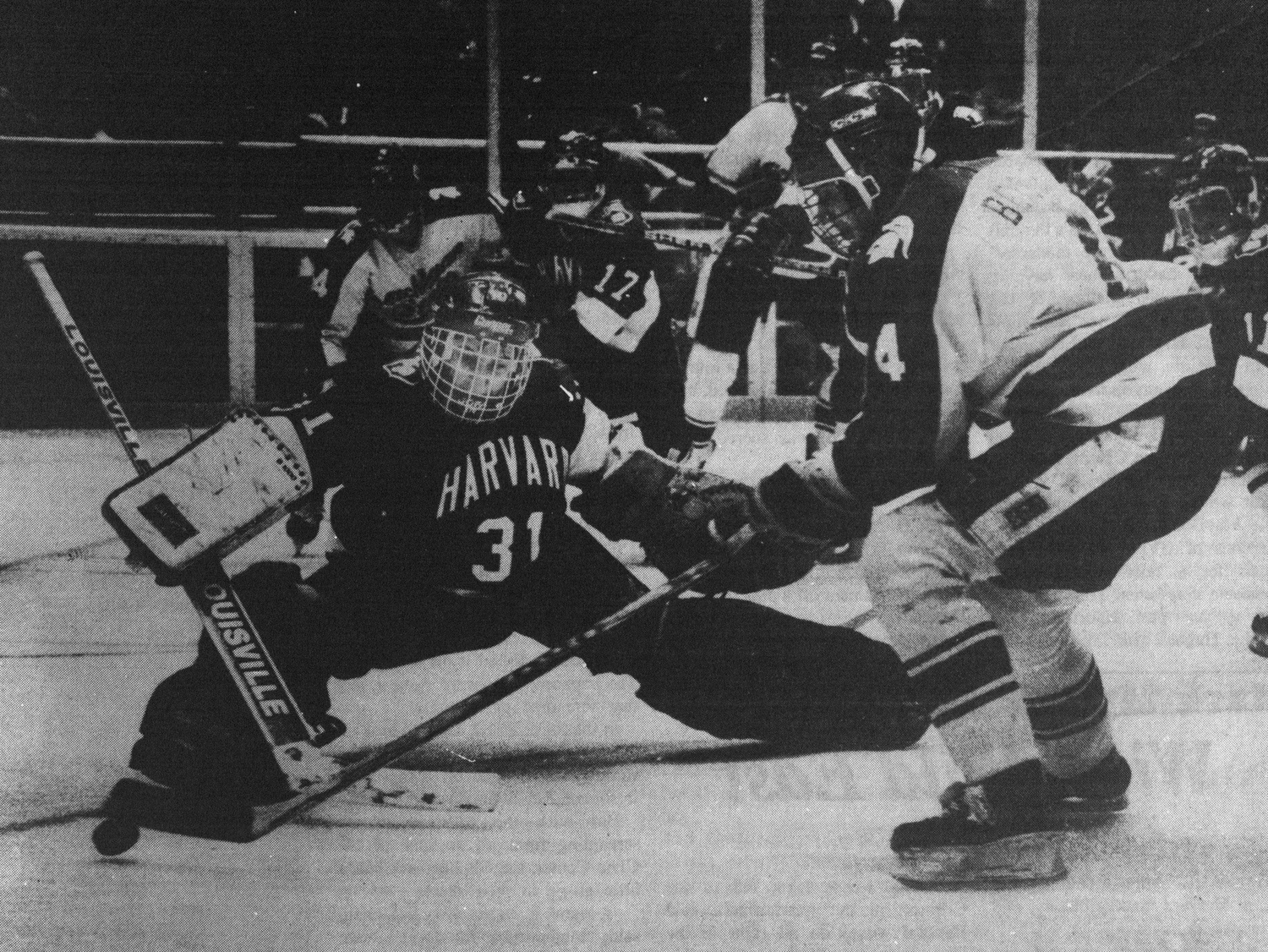 Freshman goaltender Allain Roy '92 made 30 stops in Harvard's semifinal win over Michigan State. Cleary, who alternated starting goaltenders throughout the season, tabbed Roy's classmate Chuckie Hughes for the championship game.