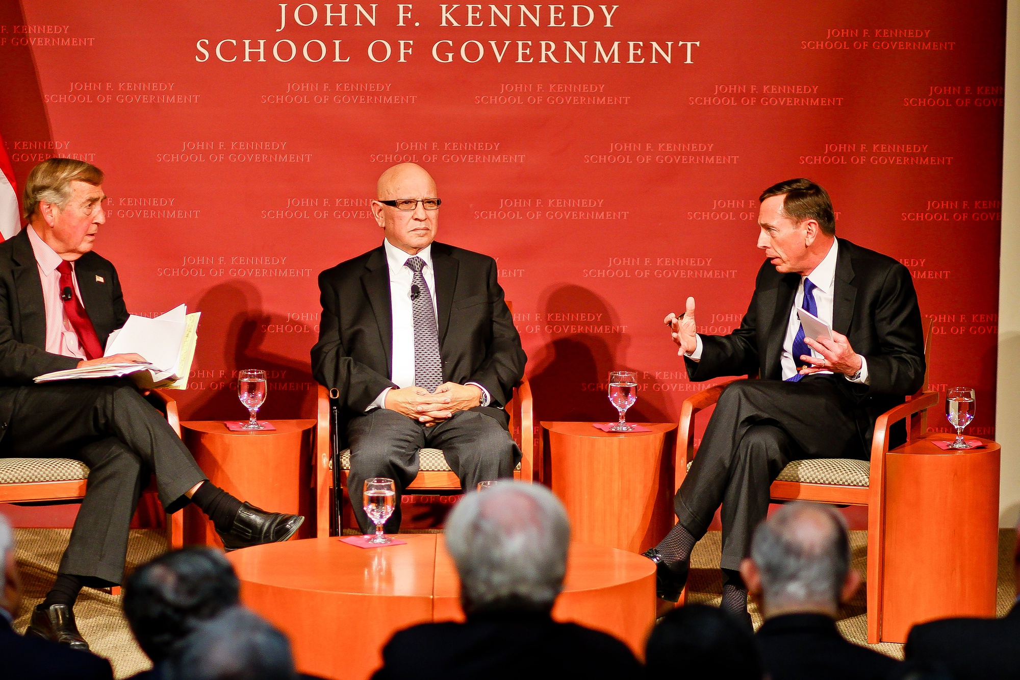 Former Director of the Central Intelligence Agency David Petraeus (right) joined former Director of the Mossad Meir Dagan (center) and moderator Graham Allison (left) for a conversation on the state of affairs in the Middle East at the JFK Jr. Forum on Tuesday night. 