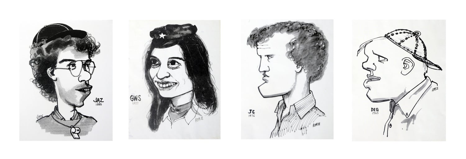 From left to right, caricatures of Jeff A. Zucker '86, Gay W. Seidman '78, Jim Cramer '77, and Donald E. Graham '66, all former presidents of the Crimson drawn by David Royce. Royce died on April 4. He was 82.  


