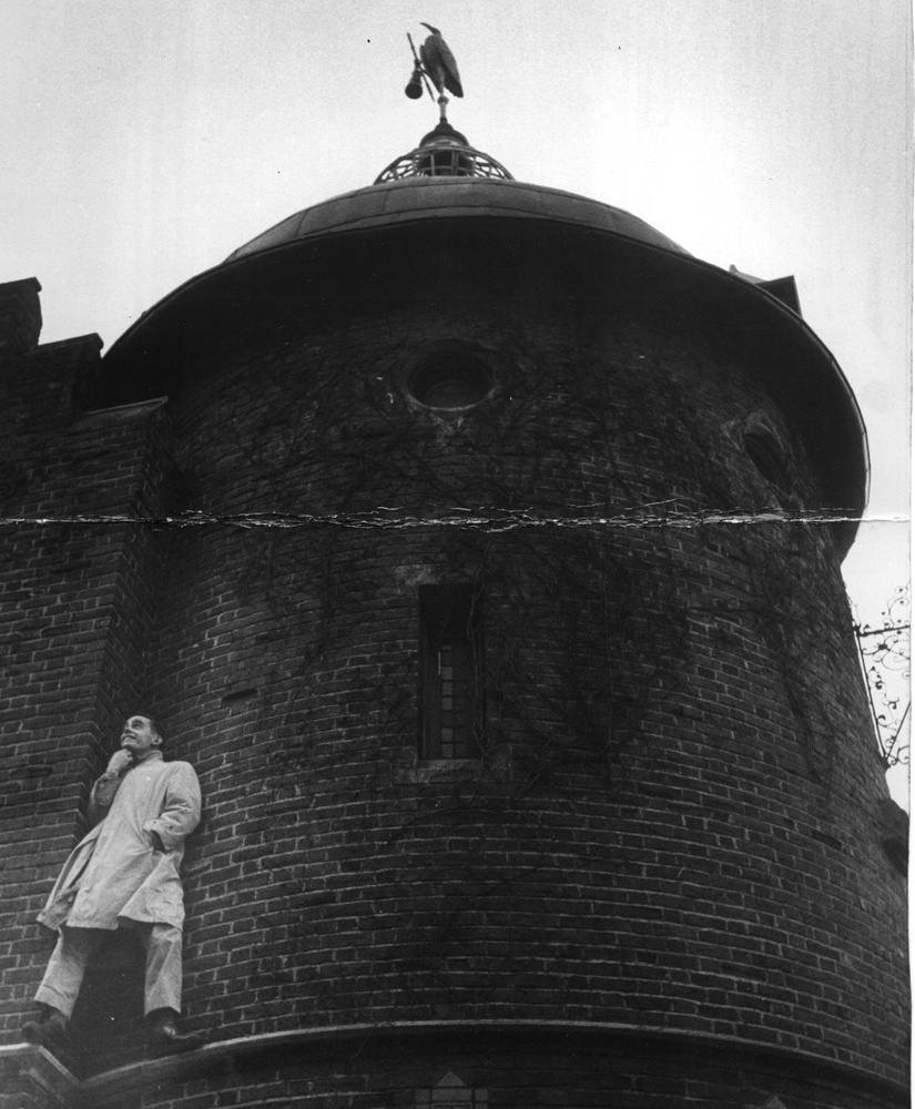 David Royce poses for a photograph halfway up the Lampoon Castle.