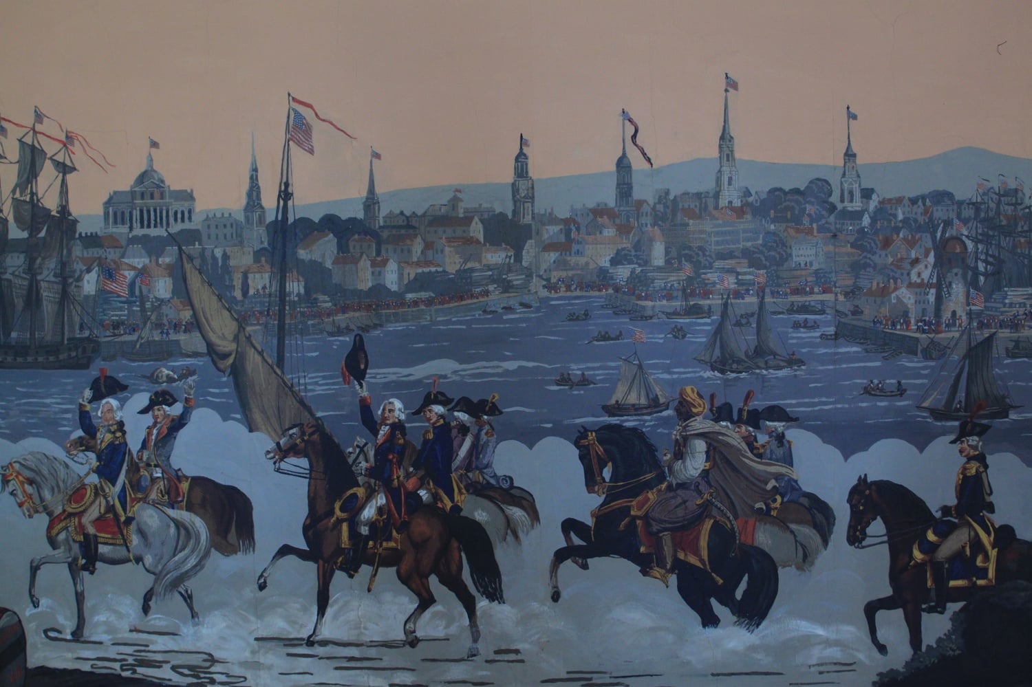 Antique wallpaper from Lowell House depicting scenes from the Revolutionary War.