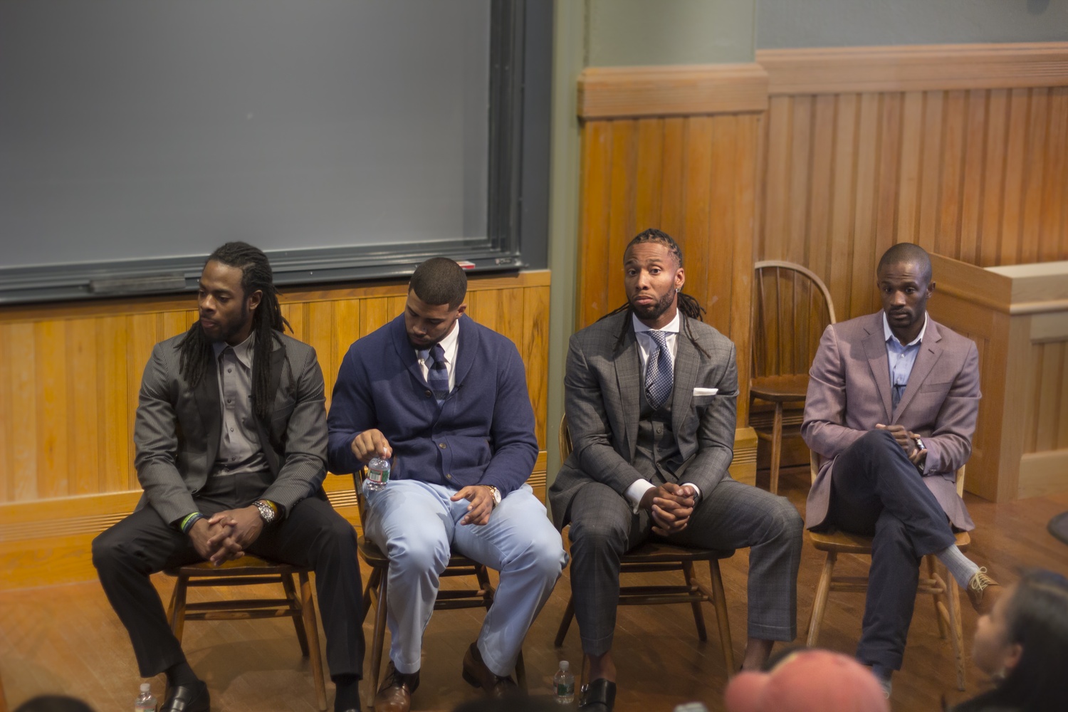 The full panel on Race and Justice included from left to right: Richard K. Sherman, Seattle Seahawks cornerback, Arian I. Foster, Houston Texas running back, Larry D. Fitzgerald, Arizona Cardinals Receiver, and Domonique Foxworth, former NFL Players Association president and current Harvard MBA candidate.