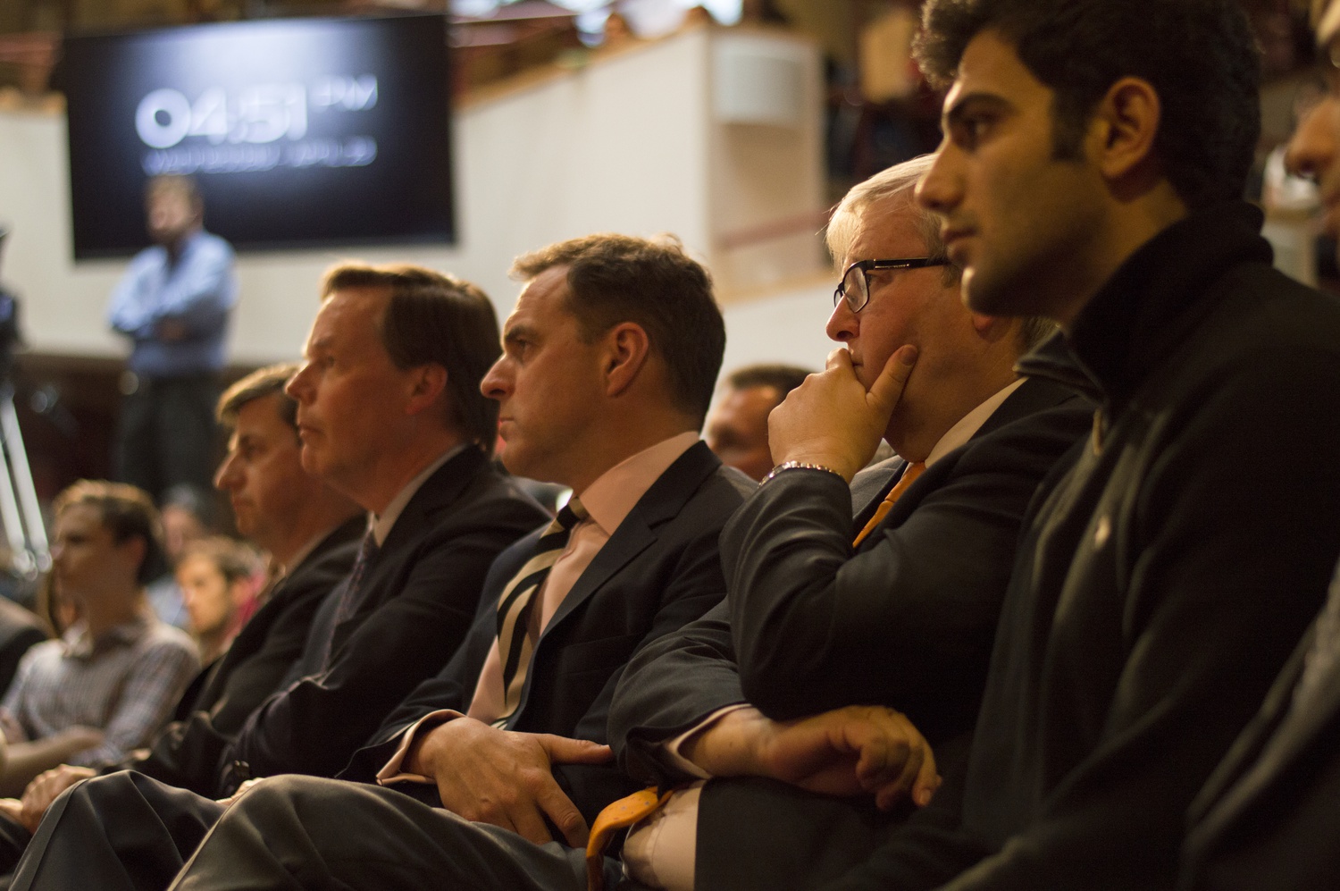 Former Prime Minister of Australia, Kevin Rudd, second to right, watches Senator John S. McCain from the front row. McCain spoke about foreign policy in Asia, as well as recent developments in Eastern Europe.
