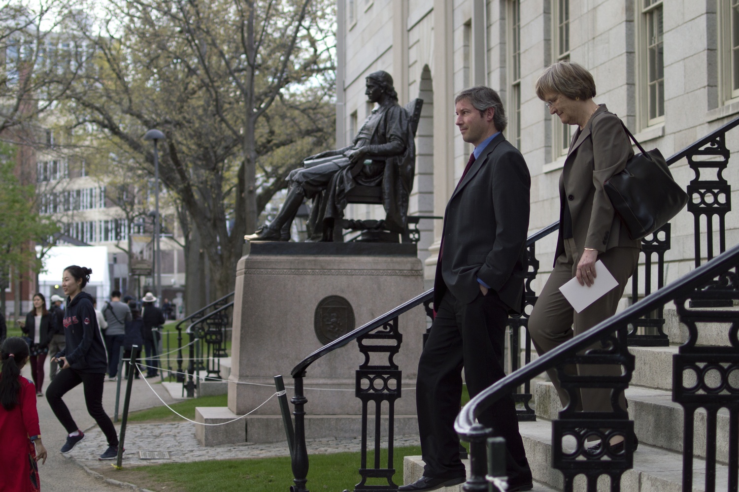 Harvard President Drew G. Faust leaves University Hall in May 2014 after the last regular meeting Faculty of Arts and Sciences meeting of the year, during which the body approved the College's first-ever honor code.