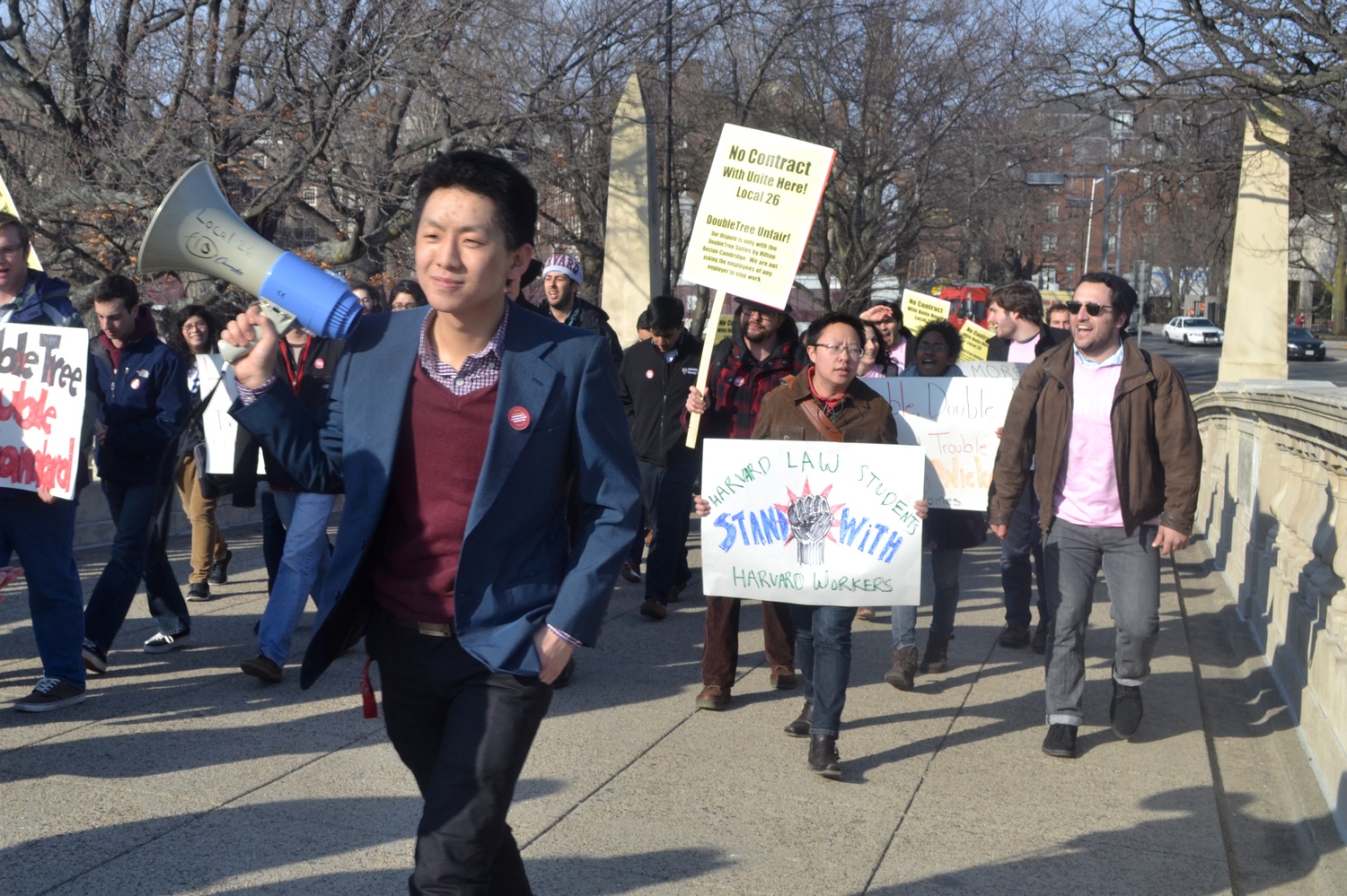 Harvard College and Harvard Kennedy School students joined workers and local community members in protesting the Doubletree Hotel in Allston in this file photo on Thursday, March 27.