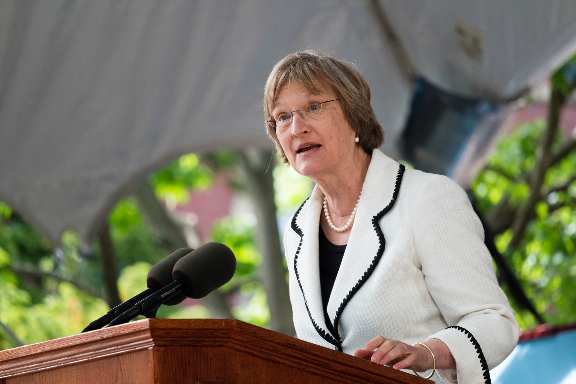University President Drew G. Faust addresses graduates, alumni, and honorees during the Afternoon Exercises of the 2014 Commencement services.
