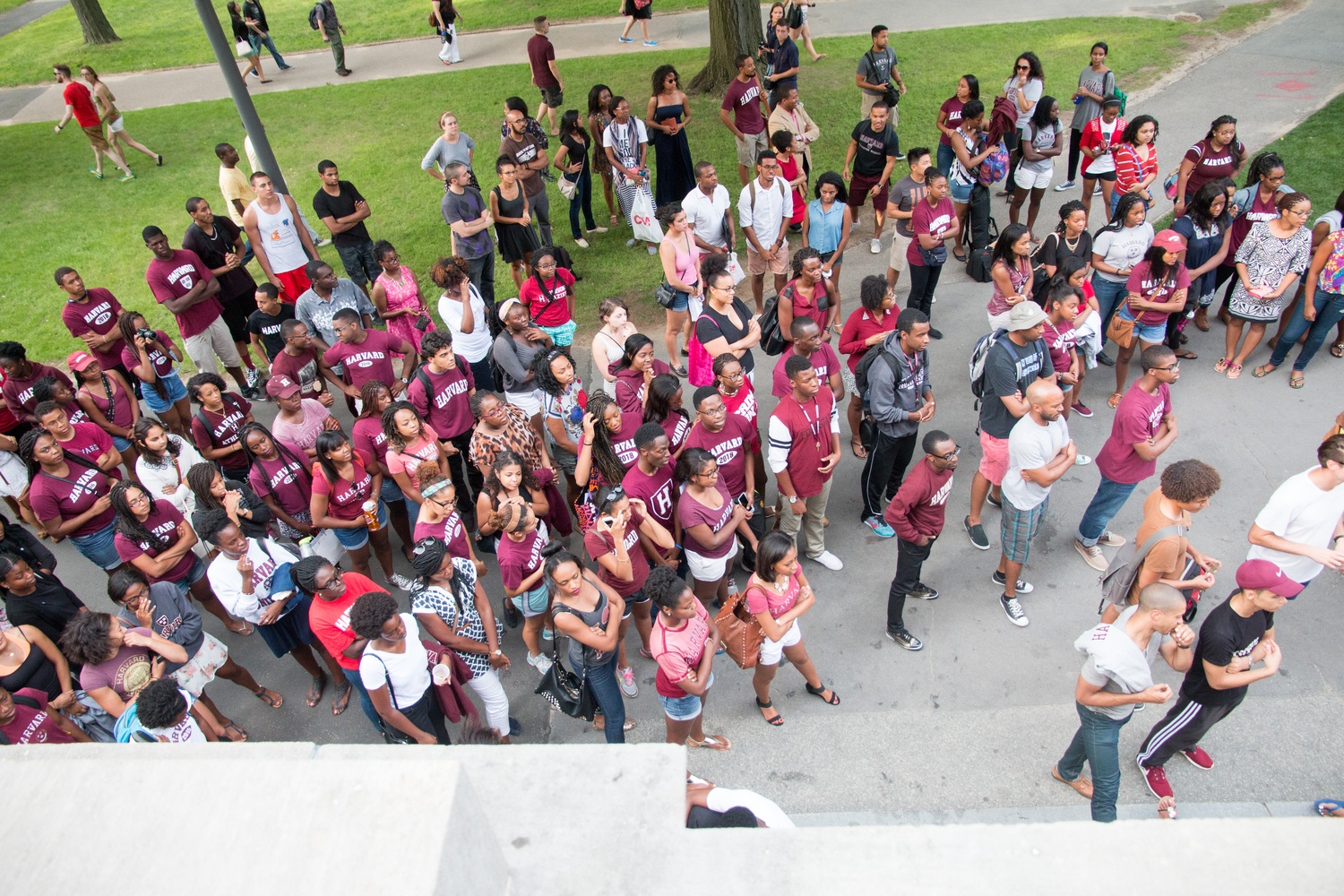 Nearly 200 black Harvard affiliates posed with their hands up for a group photograph on the steps of Widener Library earlier this fall evening in solidarity with Michael Brown, an unarmed black teenager killed in early August in Ferguson, Missouri.