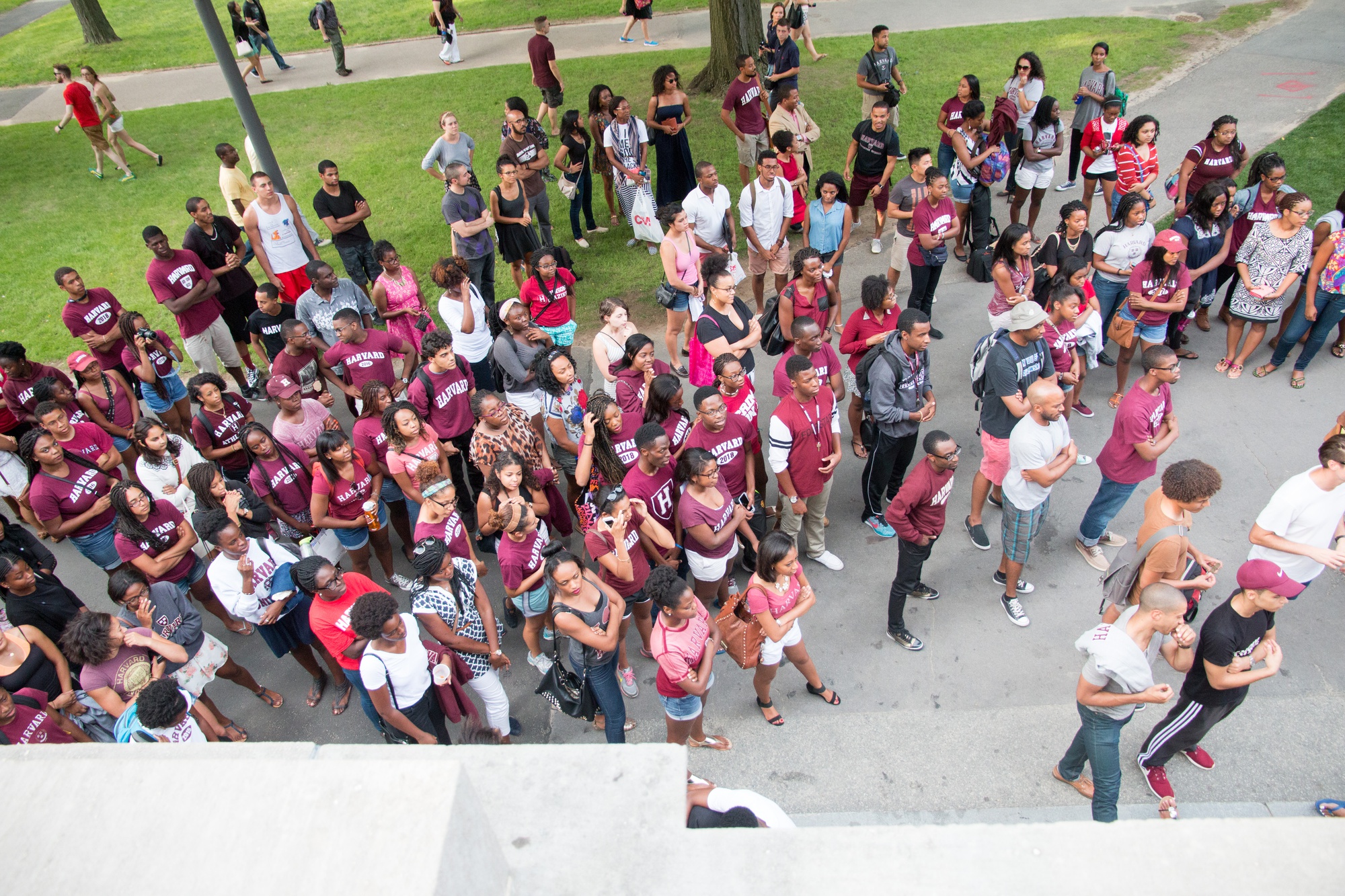 Nearly 200 black Harvard affiliates posed with their hands up for a group photograph on the steps of Widener Library earlier this fall evening in solidarity with Michael Brown, an unarmed black teenager killed in early August in Ferguson, Missouri.