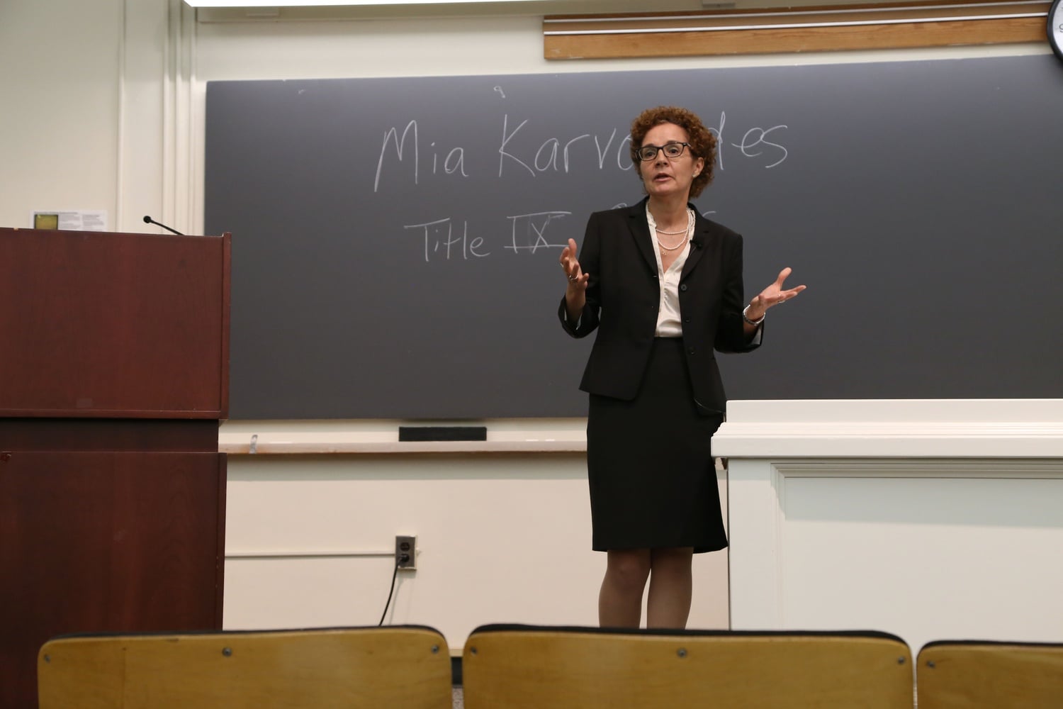 Former University Title IX Officer Mia Karvonides, pictured here at a Title IX policy meeting in 2015, left Harvard in January.