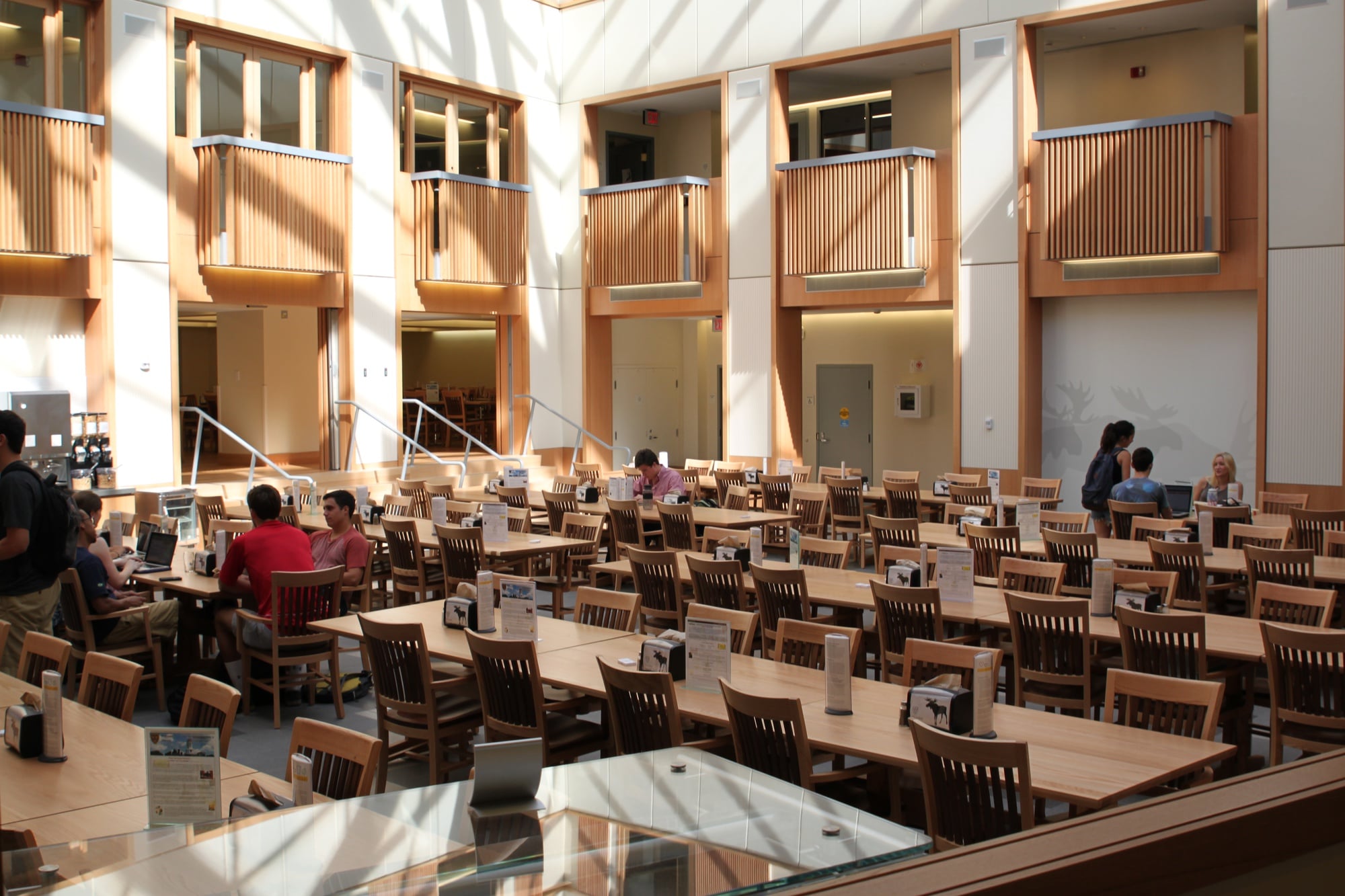 Residents study in the dining hall at the Inn at Harvard, the "headquarters" of Dunster House while its iconic building is being renovated.