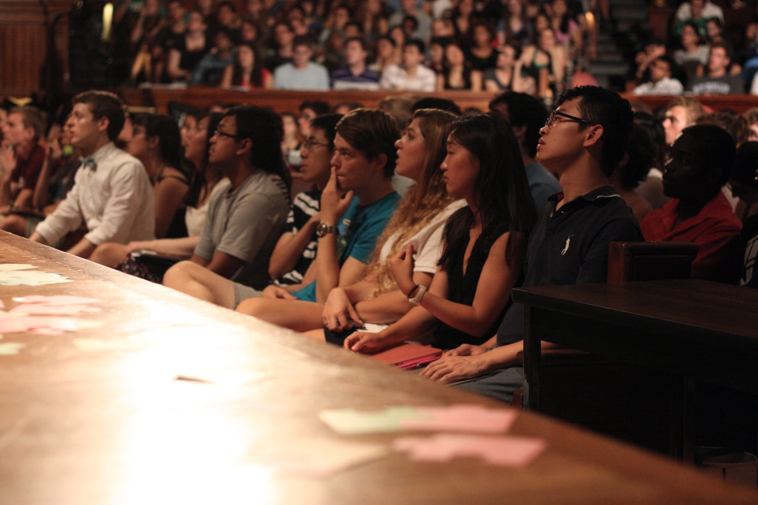 Hundreds of students crowd Sanders Theatre for the first meeting of CS 50: “Introduction to Computer Science I.”