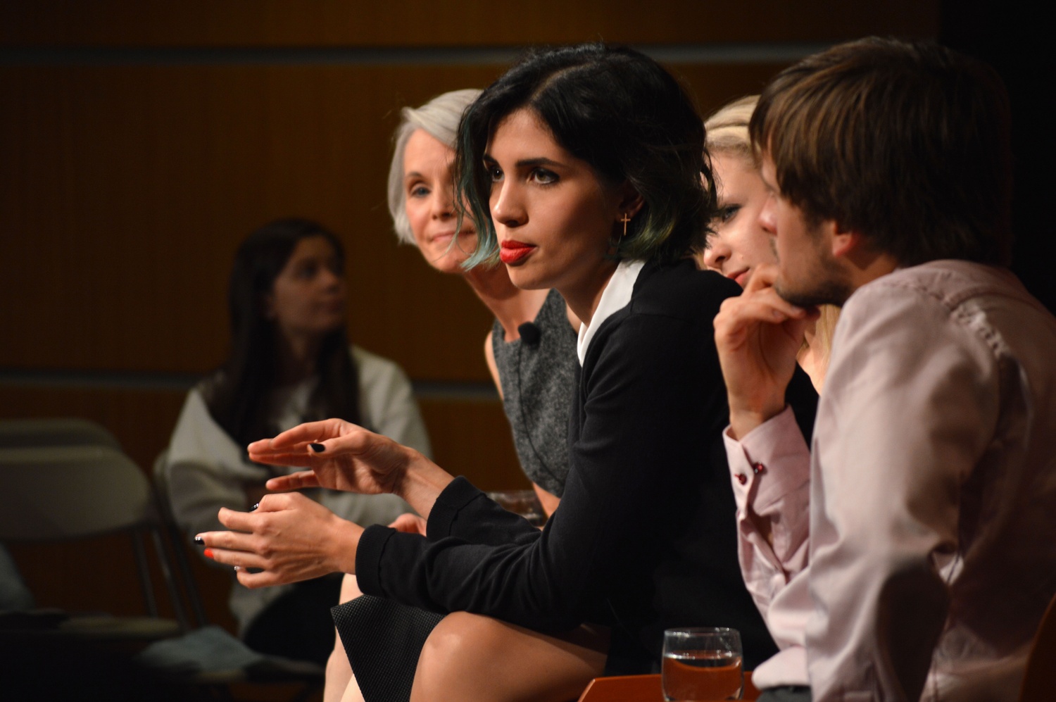 Nadya Tolokonnikova of the Pussy Riot speaks at the Institute of Politics on Monday evening. The discussion, moderated by Jill Dougherty, revolved around the implications of art and expression in Russian politics.