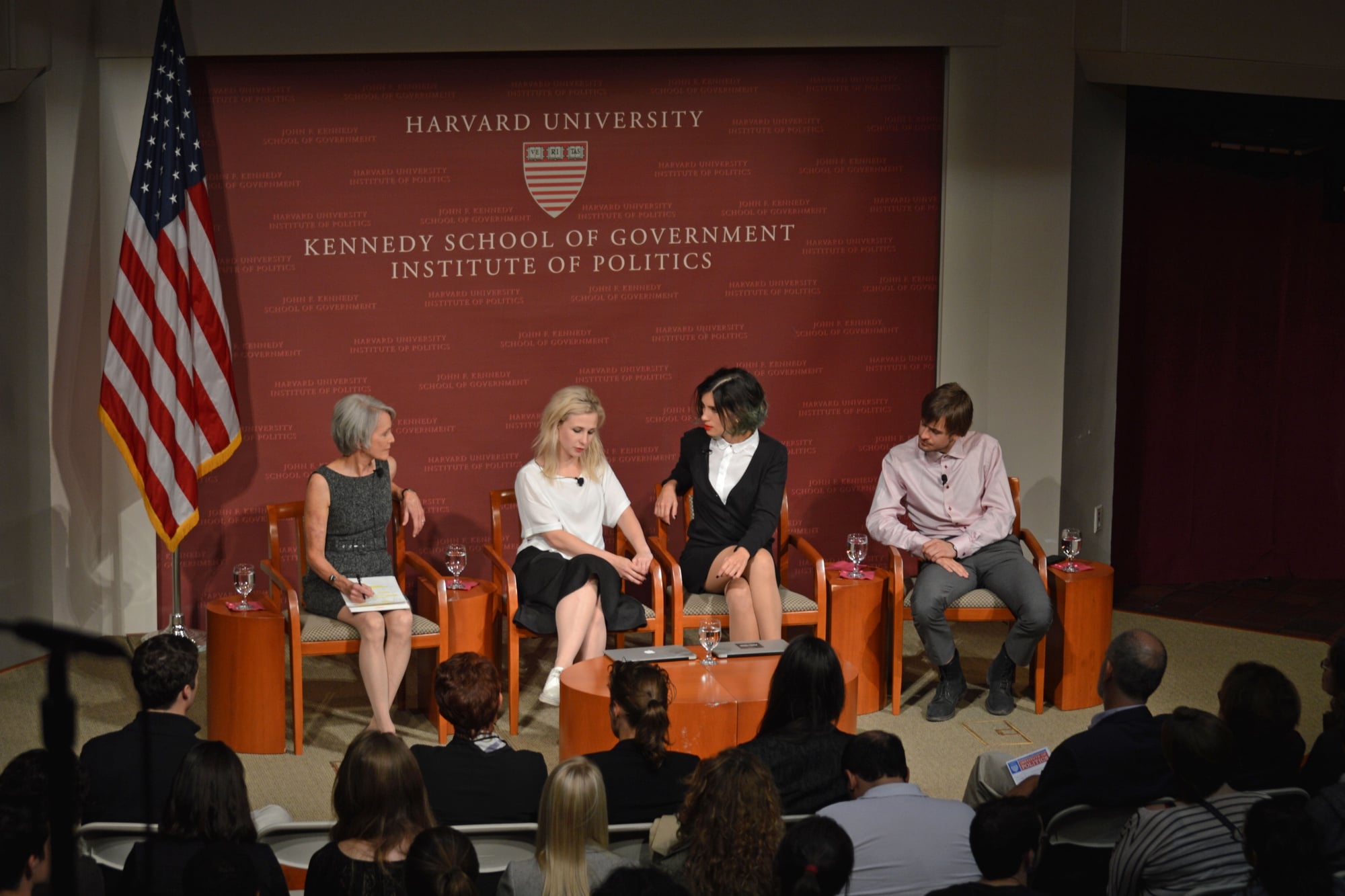 From the left, Jill Dougherty, Masha Alekhina, Nadya Tolokonnikova, and Pyotr Verzilov discuss the implications of Pussy Riot in Russian politics at the IOP in September.