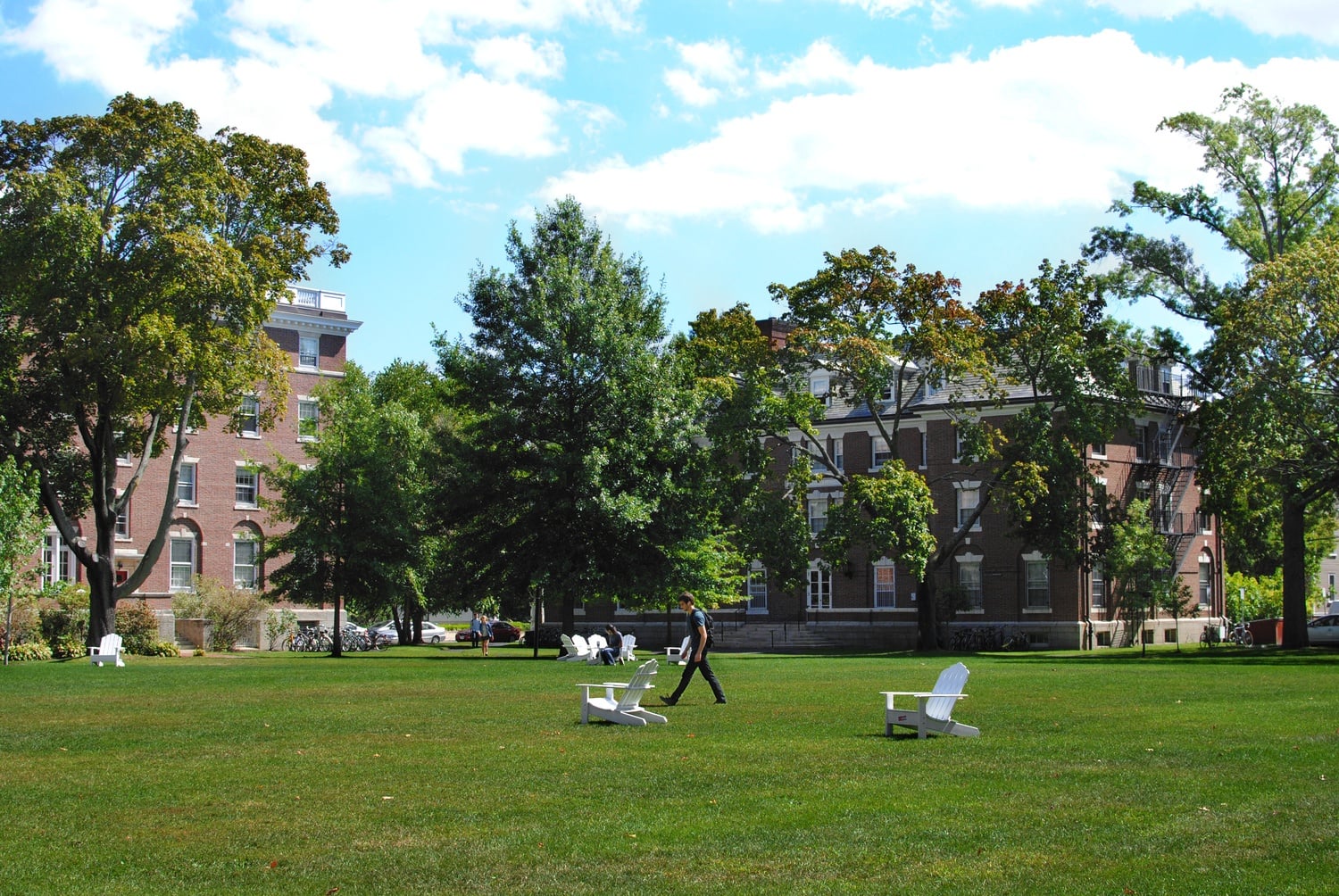A quadling strides across the lawn in front of Cabot House, located in the Radcliffe Quadrangle.