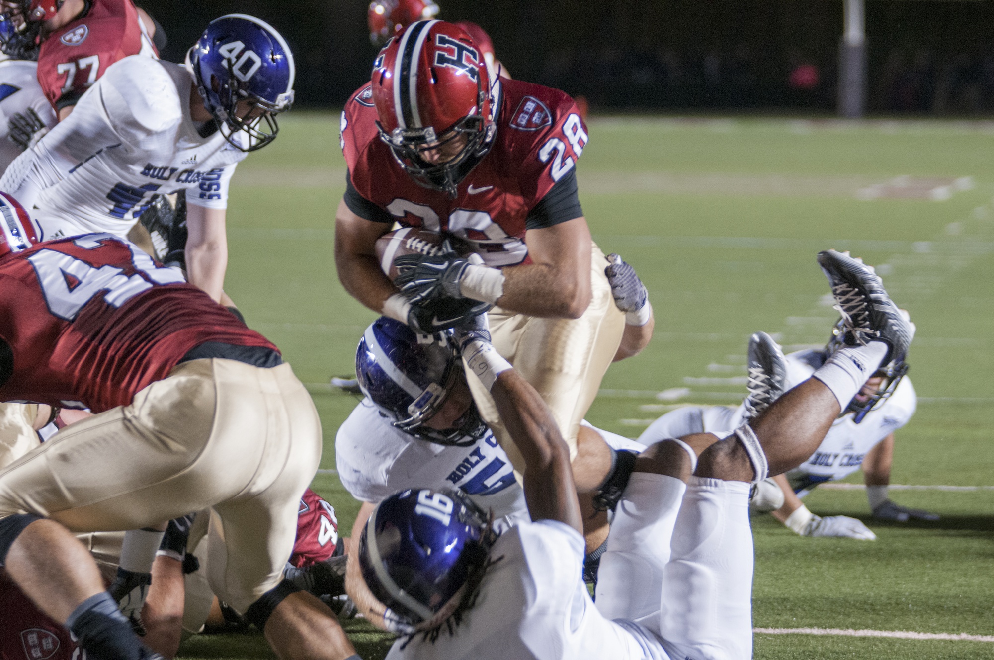 Senior running back Andrew Casten, filling in for injured junior Paul Stanton, surpassed his career total with 153 yards and three touchdowns against Holy Cross.