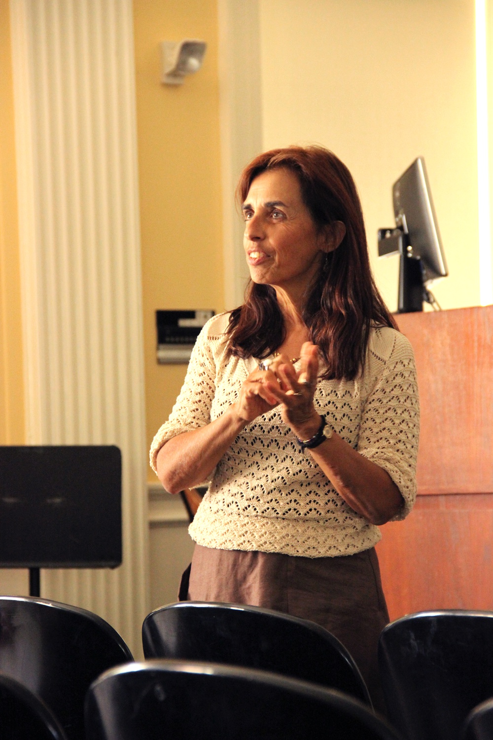 Eleni Bastea, of the University of New Mexico, shares personal anecdotes and poems as part of her lecture on identity and homeland in the Aegean. She spoke Monday afternoon in Harvard Hall.