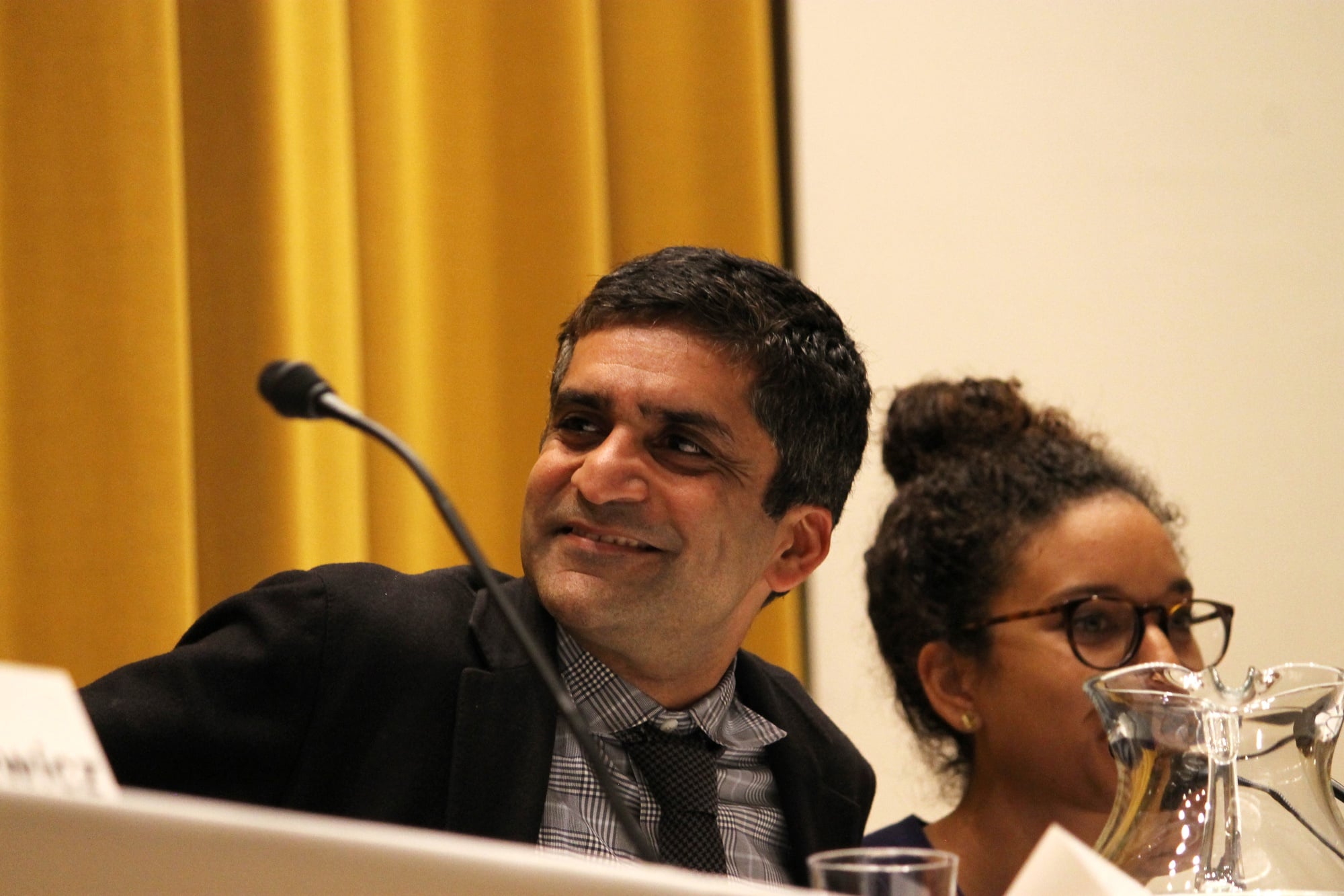 Dean Rakesh Khurana asks William Deresiewicz, writer of New Republic article, "Don't Send Your Kid to the Ivy League," what he misses most about being an educator on Monday evening in Paine Hall. 