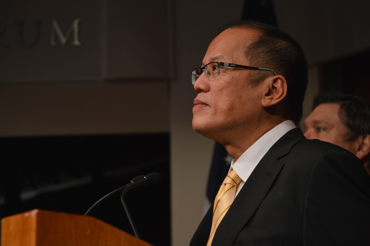 Benigno Aquino III takes the stage at the Institute of Politics to discuss political reform in the Philippines on Monday evening.