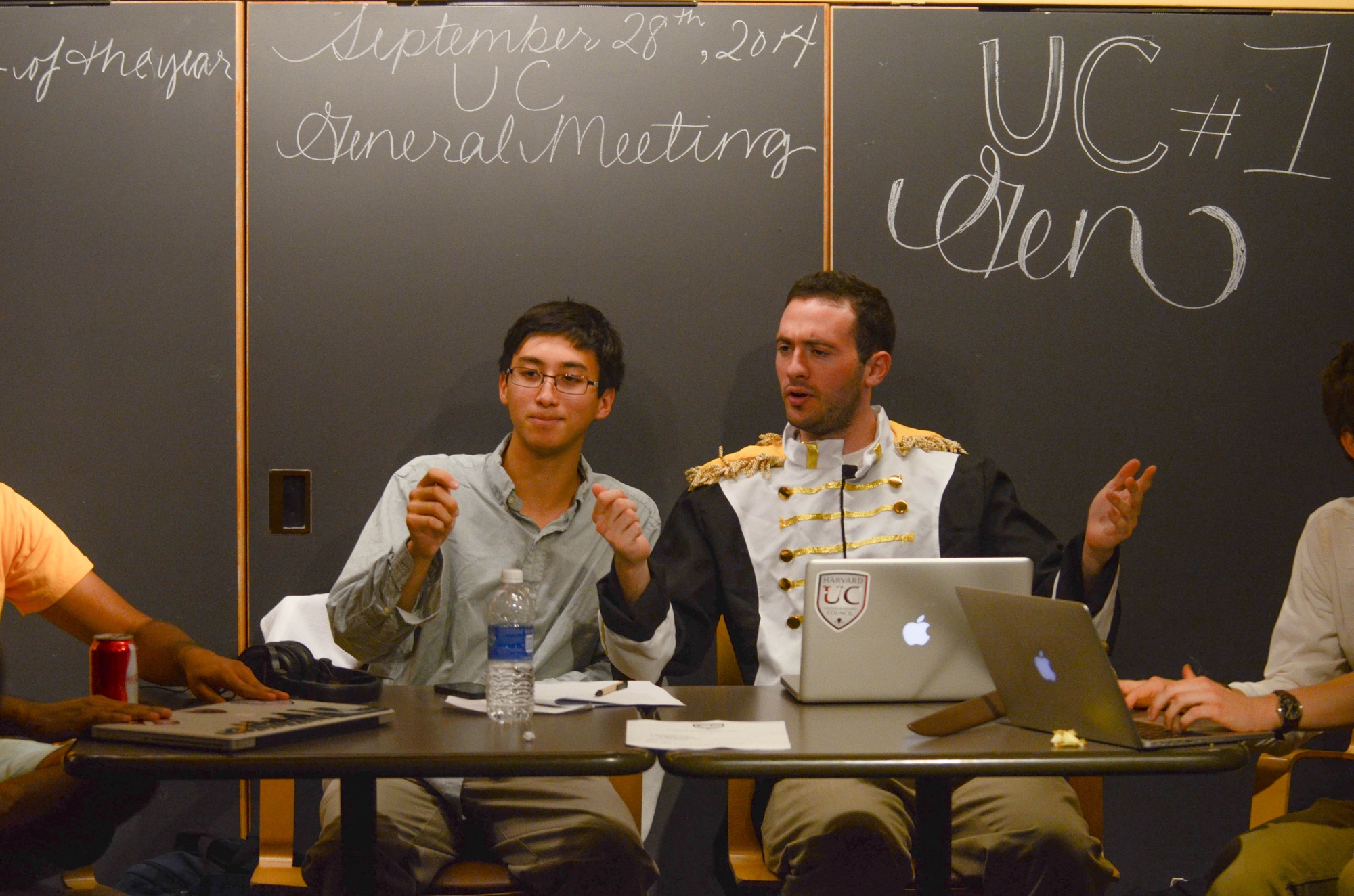 Sietse K. Goffard '15 and Gus A. Mayopoulos '15 address the UC during the first meeting of the year on Sunday evening.  They discussed increasing the UC representatives' accountability, the Q Guide, and grant money procedures.