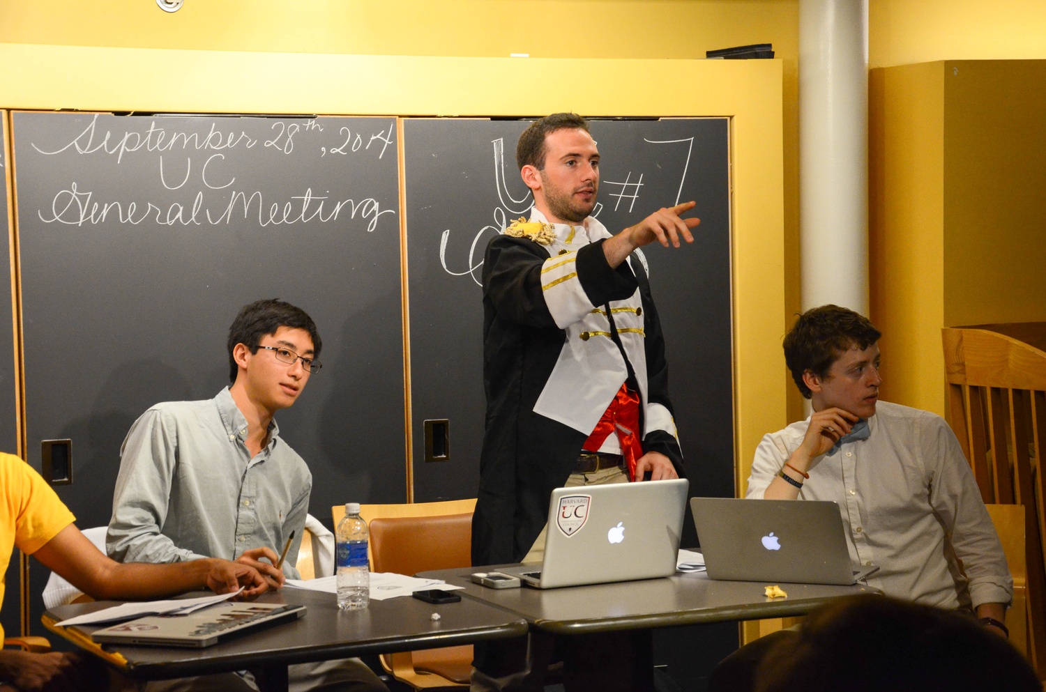Sietse K. Goffard '15, Gus A. Mayopoulos '15, and Stephen A. Turban '17 address the UC on Wednesday evening.  A measure to increase accountability among members had just been passed.  