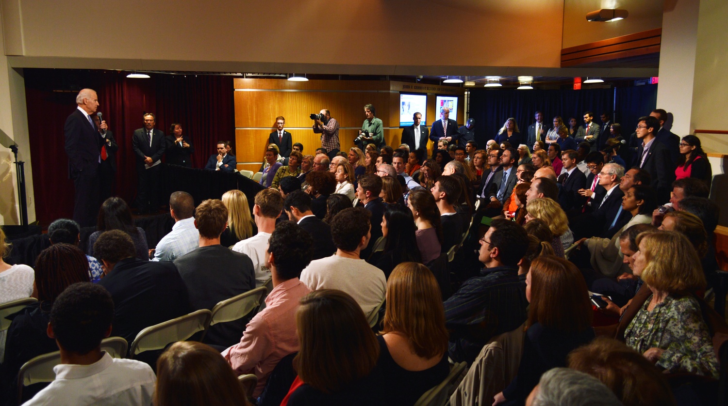 Sietse K. Goffard '15, vice president of the Harvard Undergraduate Council, speaks to Joe Biden, vice president of the United States of America. 