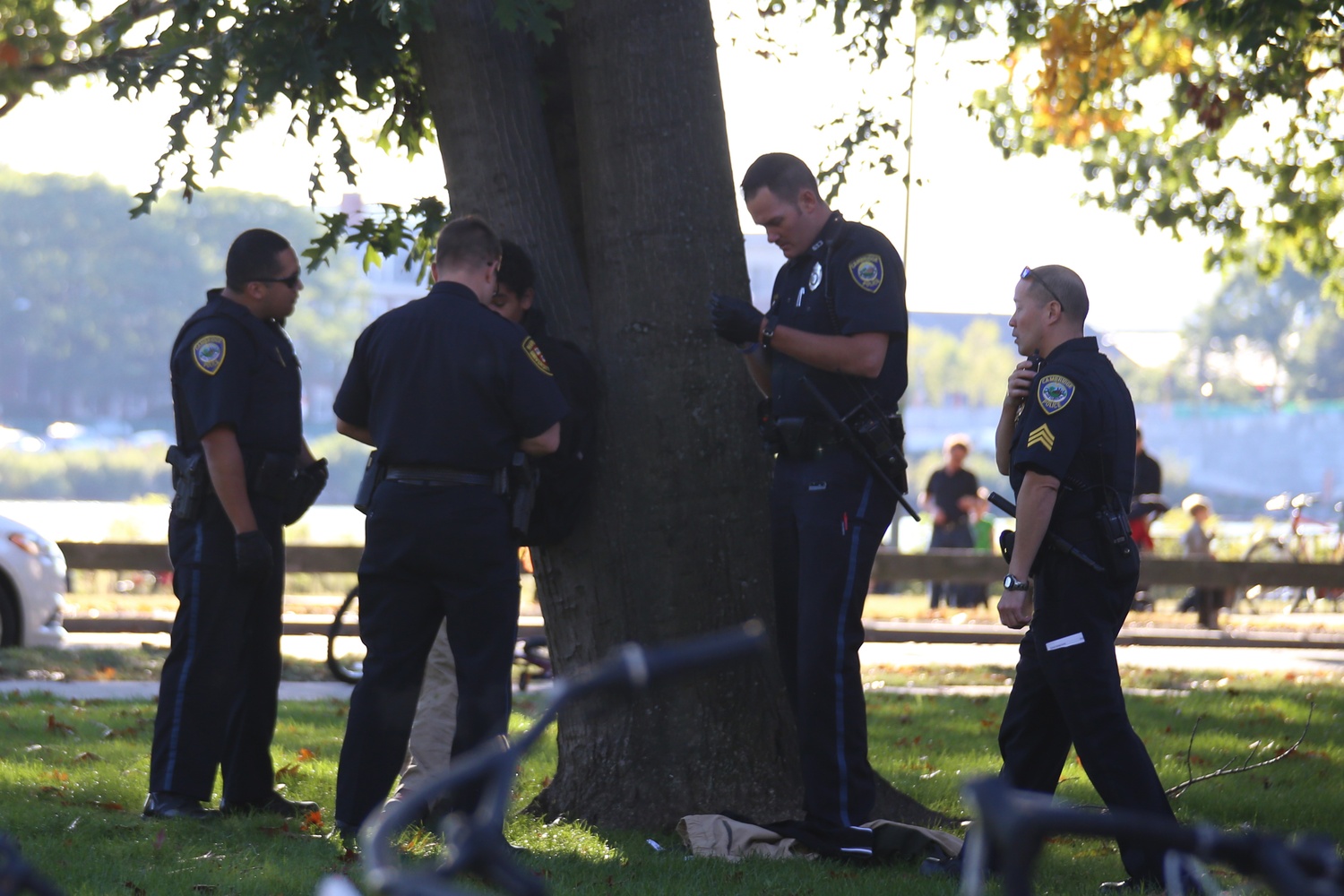 The Harvard University Police Department arrests an unidentified male following an alleged cell phone theft and subsequent chase outside Leverett House Sunday afternoon.