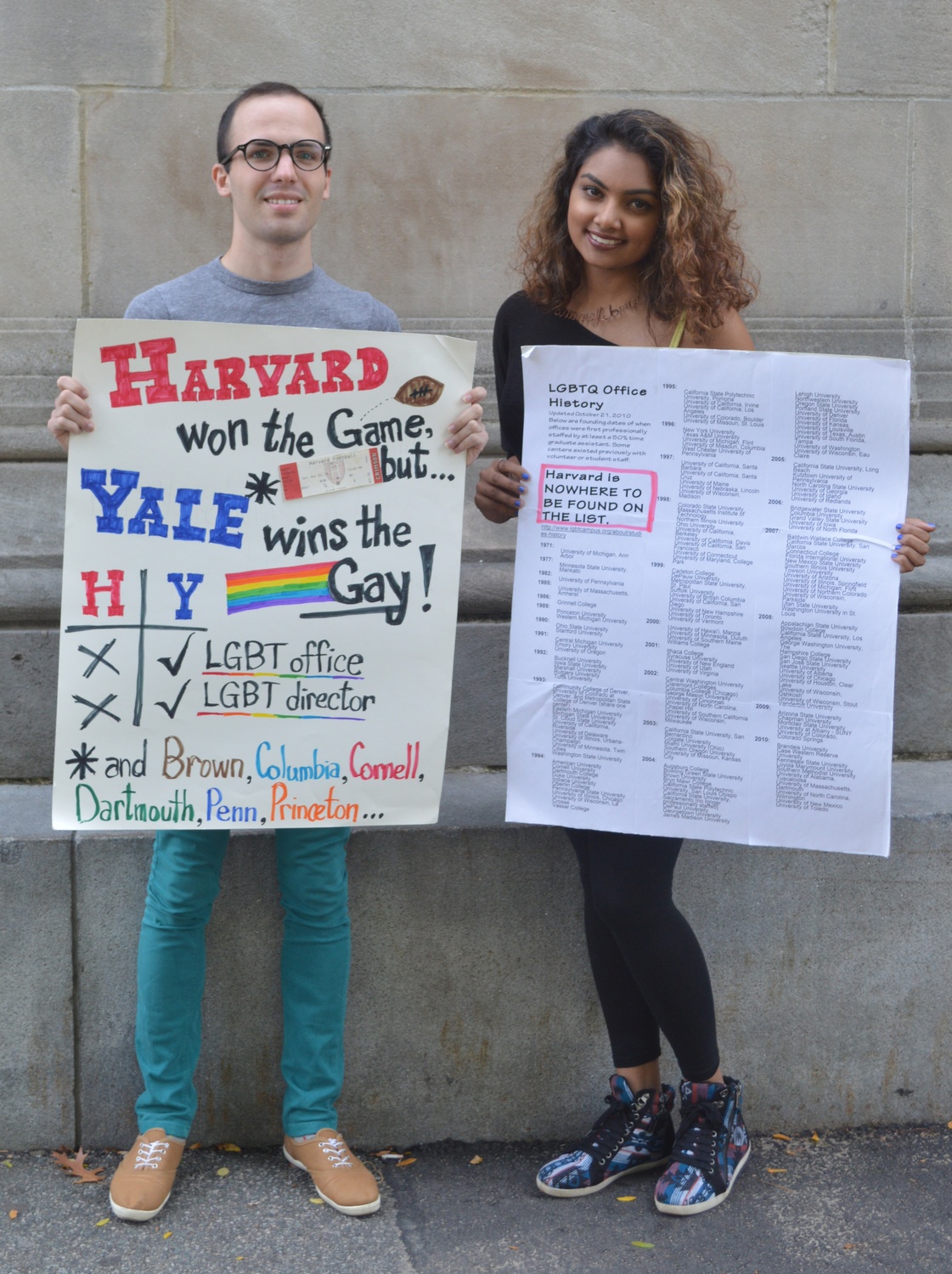 Joshua D. Blecher-Cohen '16 (Office of BGLTQ Student Life, QSA, BAGELS) and Sasanka N. Jinadasa '15 (Office of BGLTQ Student Life) hold posters used in previous years to support LGBTQ causes.