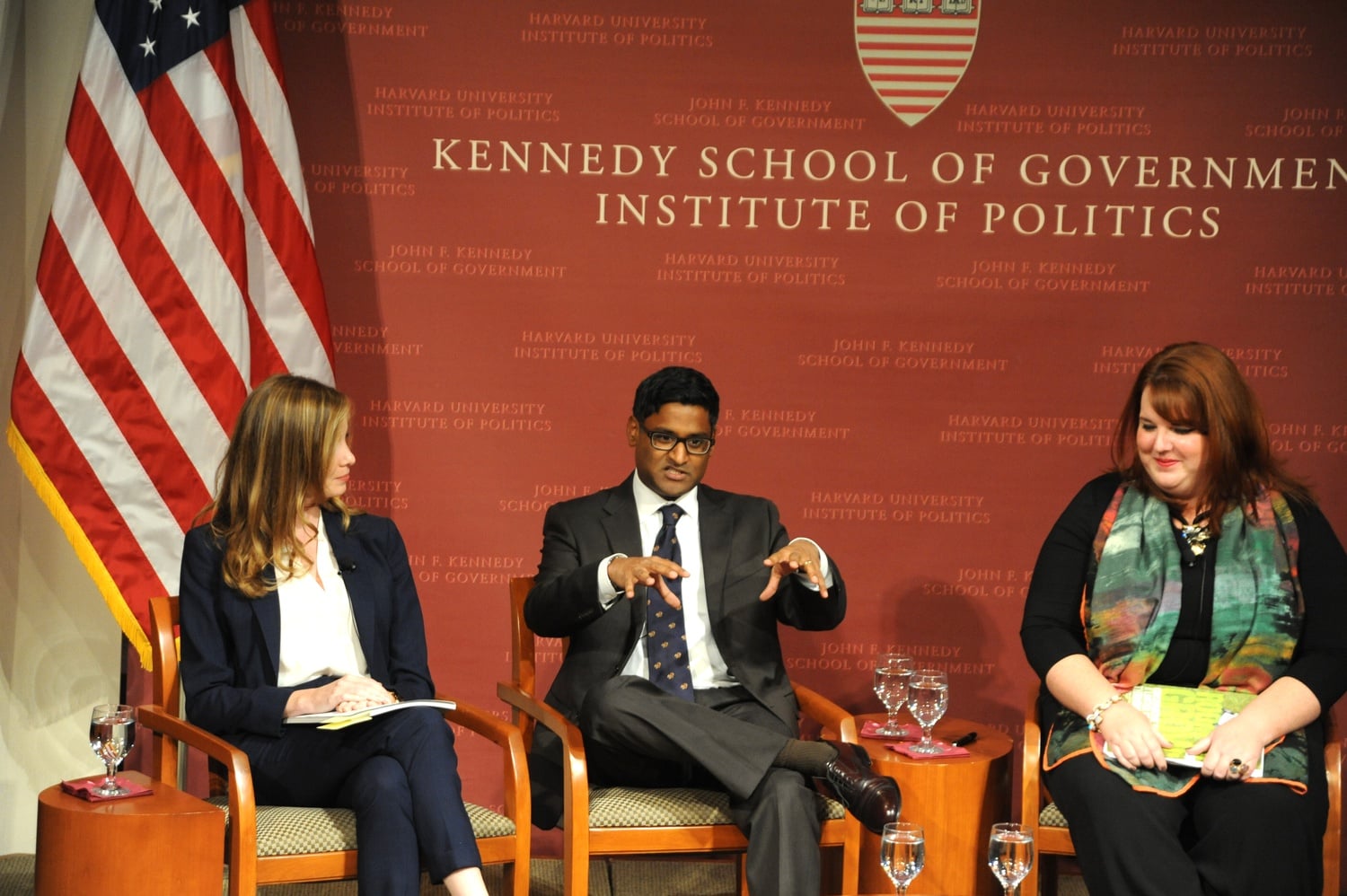 Ramesh Ponnuru, center, shares his definition of reform conservatism with the attentive crowd in the JFK Jr. Forum at the Harvard Kennedy School of Government on Thursday night.