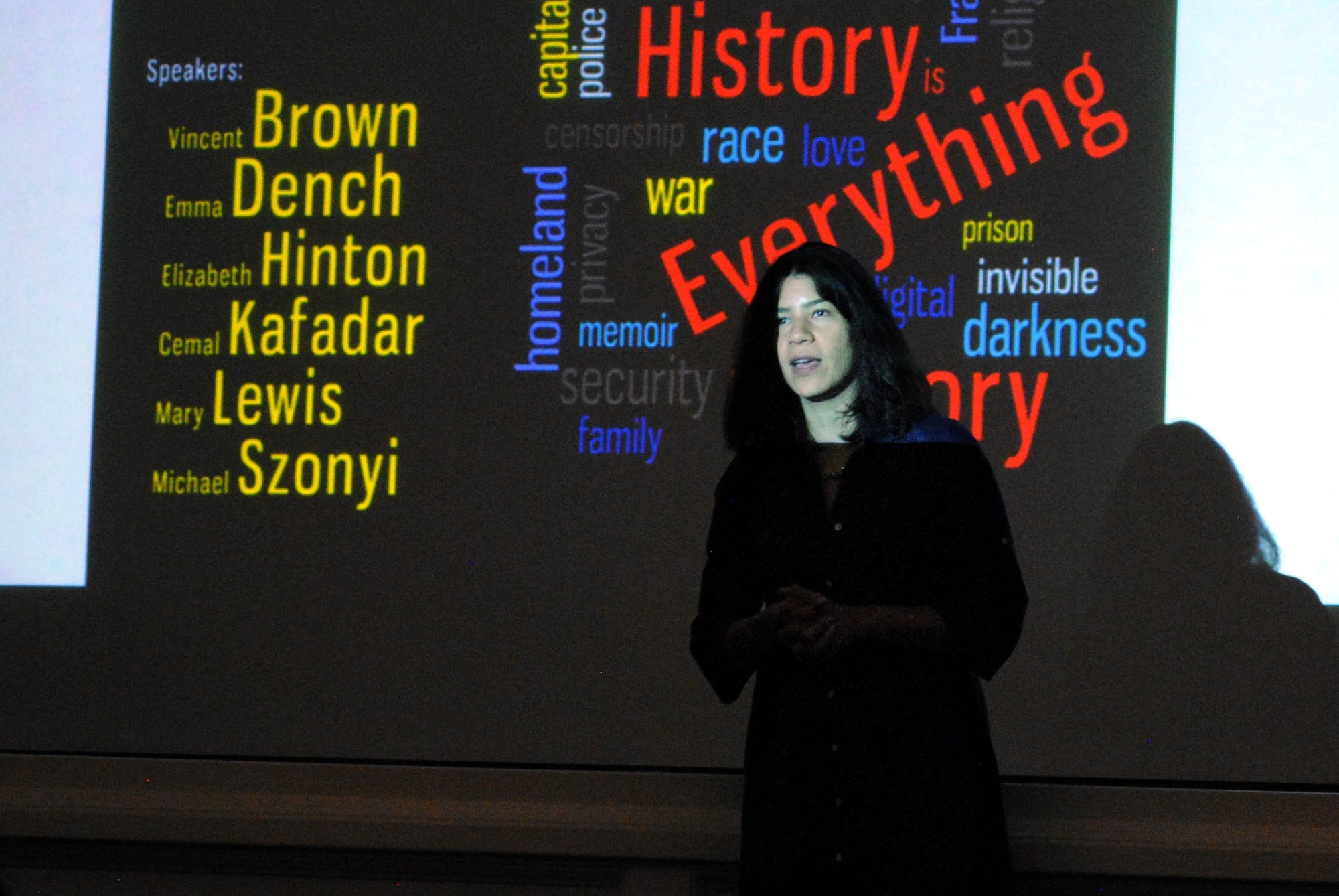 Professor Maya Jasanoff introduces the event "History is Everything, Everything is History" that featured six other speakers in Emerson hall on Wednesday. 