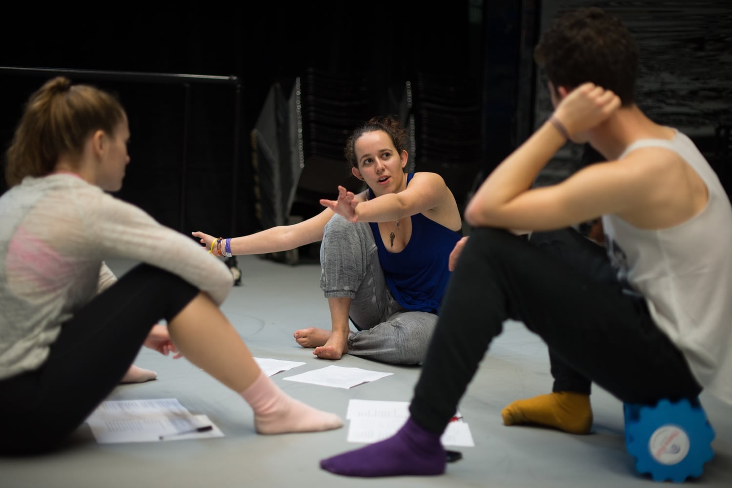 Sofie Rose Seymour '16 discusses choreography for the upcoming "Being Fine" show with dancers Michael Sivitz-Gellman '17 and Anna Riley-Shepard '17 during rehearsal.