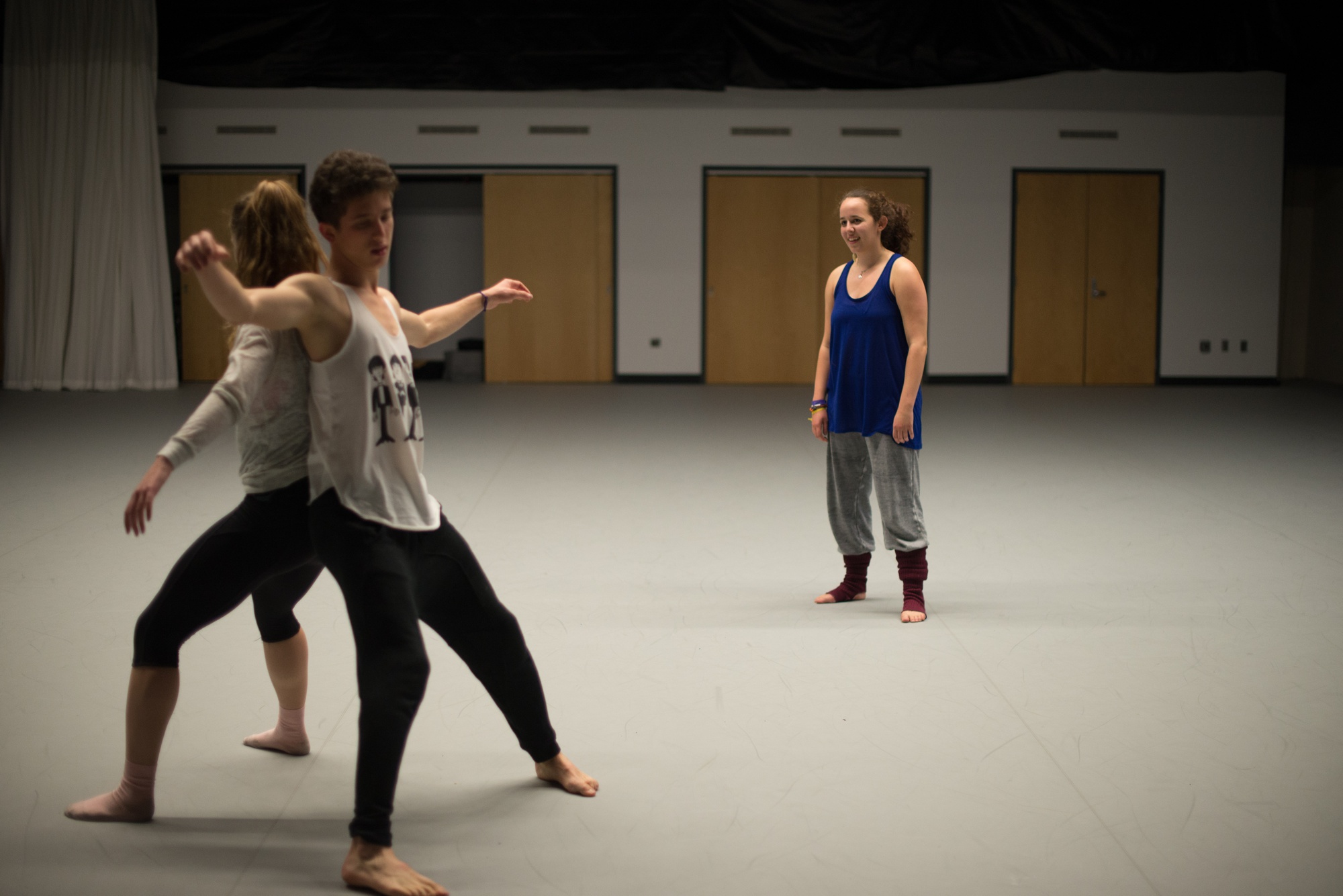 Sofie Rose Seymour '16 watches and critiques Michael Sivitz-Gellman '17 and Anna Riley-Shepard '17 during warm-ups during rehearsal for "Being Fine."