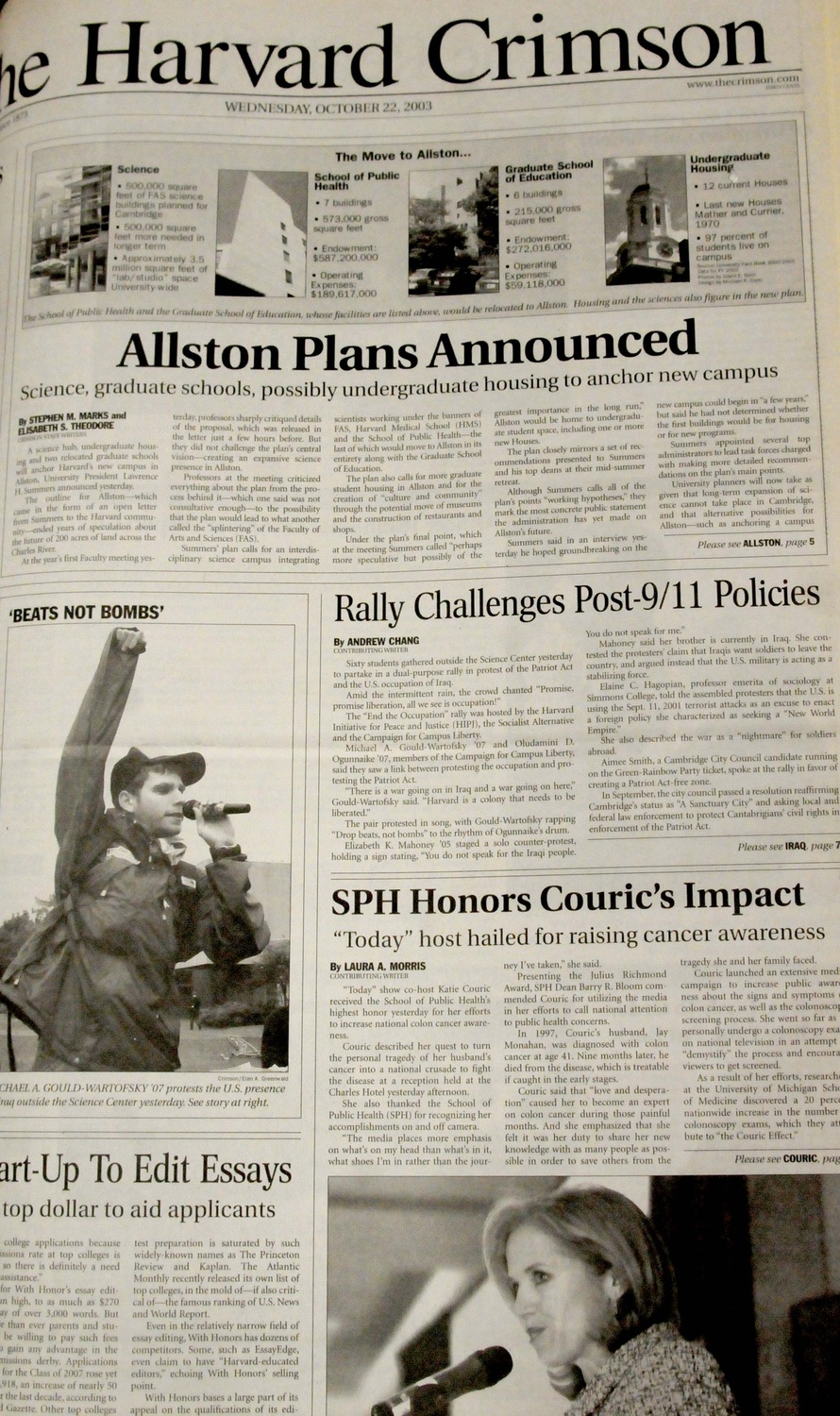 The Crimson cover of October 22, 2003 announced Summers' plans to renovate new Allston campus.