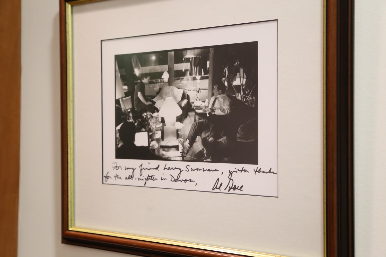 A signed picture of former Vice President of the United States Al Gore, left, and Summers, right, hangs in Summers' office.