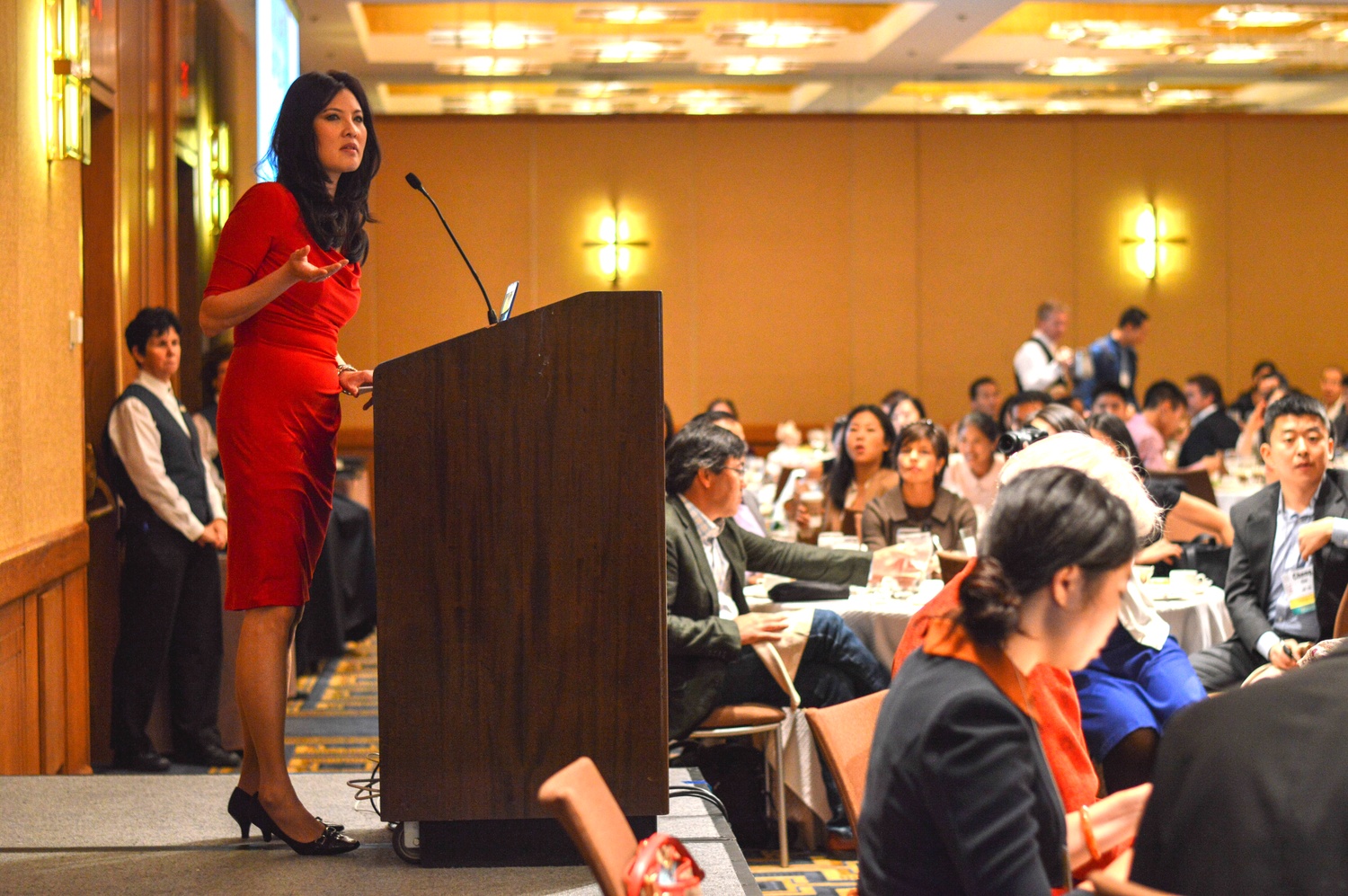 Sheryl WuDunn, Pulitzer Prize winner and wife of Nicholas D. Kristof '81-'82, speaks at the Harvard Asian American Alumni Summit on Saturday evening.
