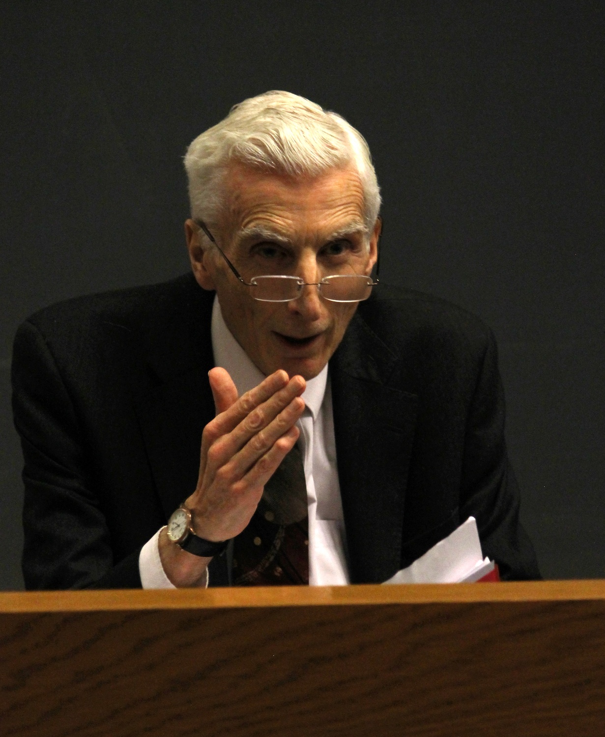 Martin Rees, professor at the University of Cambridge and Astronomer Royal, speaks about the history of technology advances at the Science & Democracy lecture on Thursday evening in Jefferson Laboratory.  