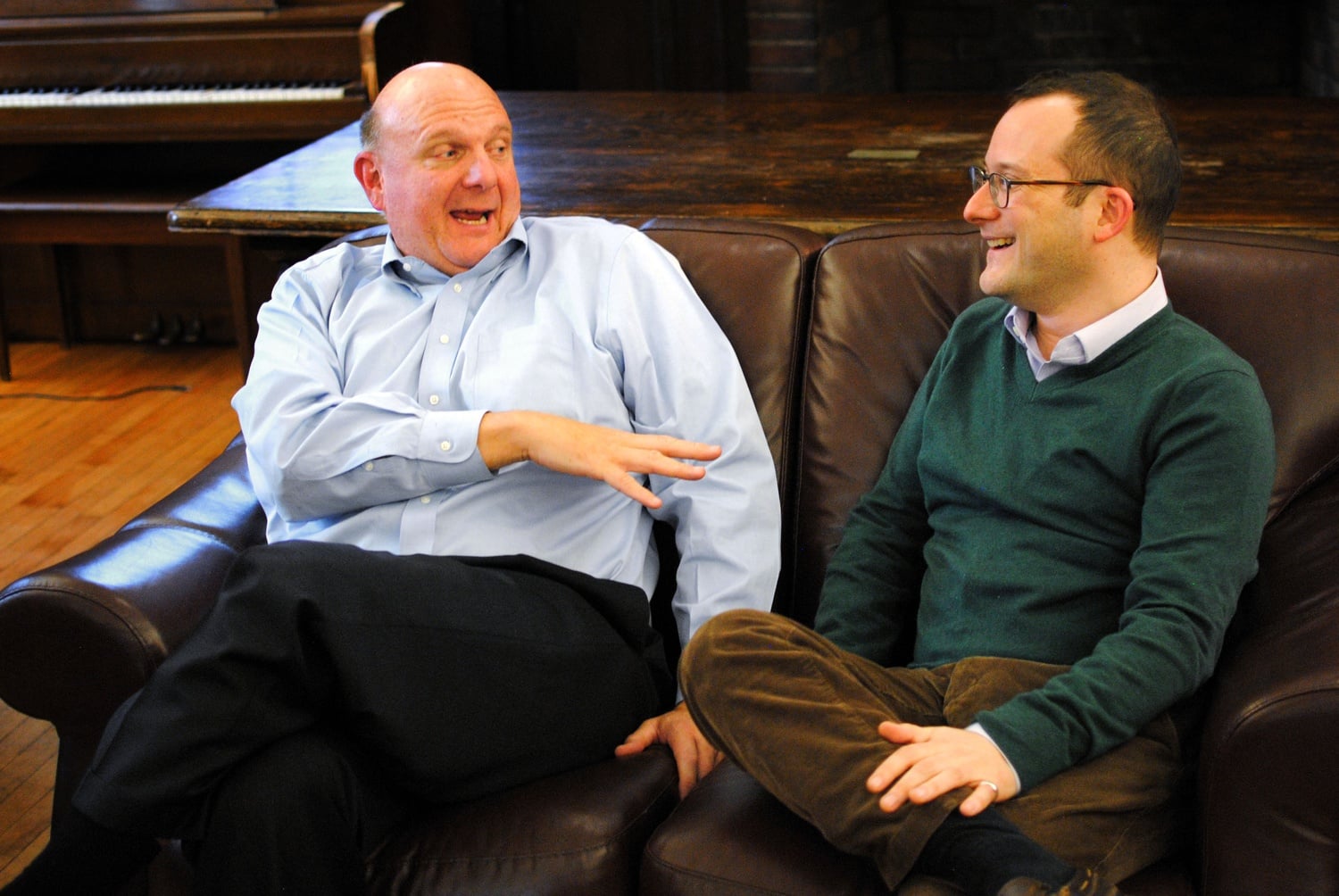 Former Microsoft CEO Steve A. Ballmer '77, left, jokes with with Harvard Computer Science Area Dean David C. Parkes during an interview with The Crimson on Wednesday regarding his donation to the computer science division.
