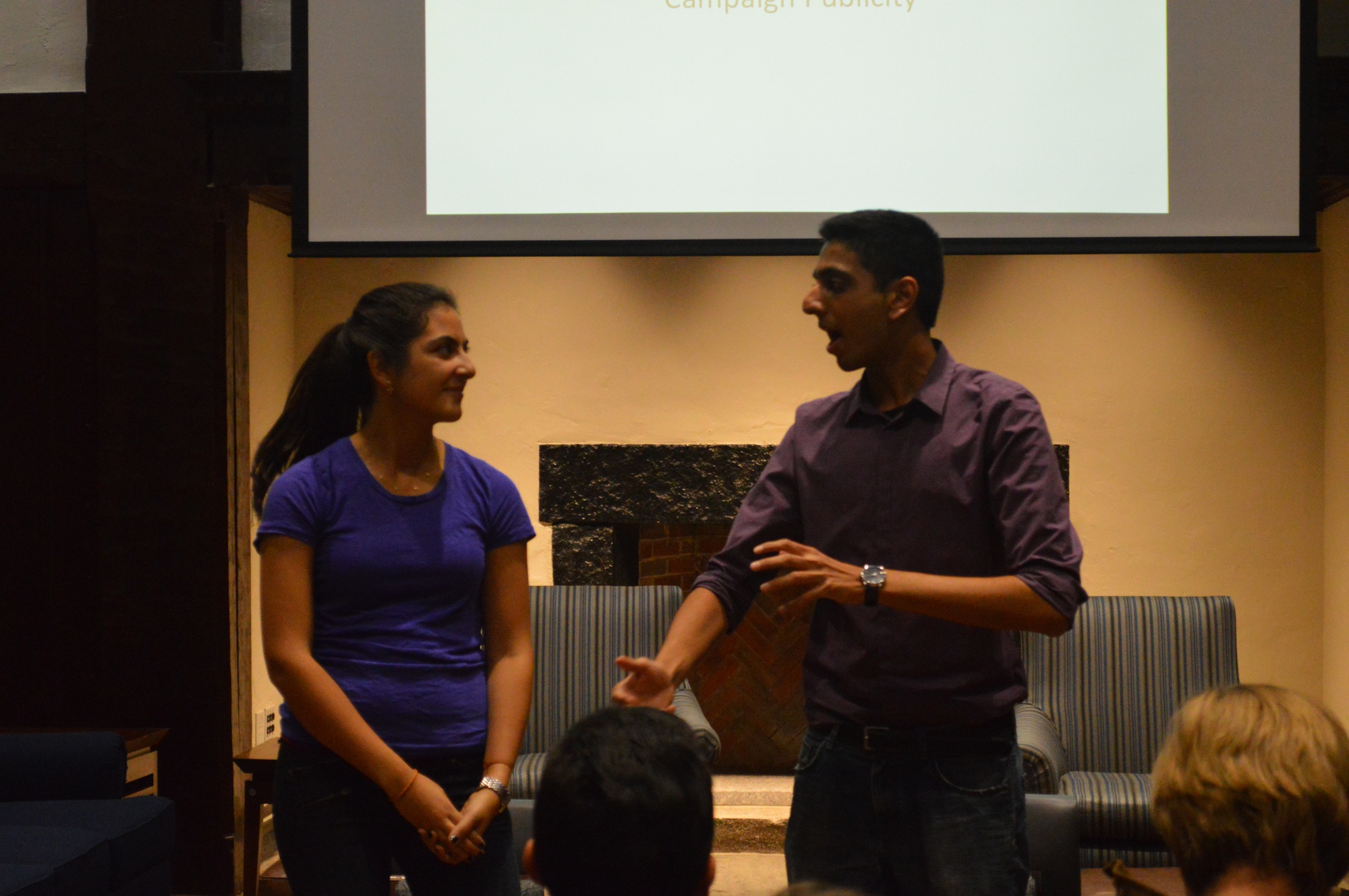 Ava Nasrollahzadeh '16 and Dhruv Goyal '16 rallied supporters of their bid for the UC presidency at Leverett House Monday evening.