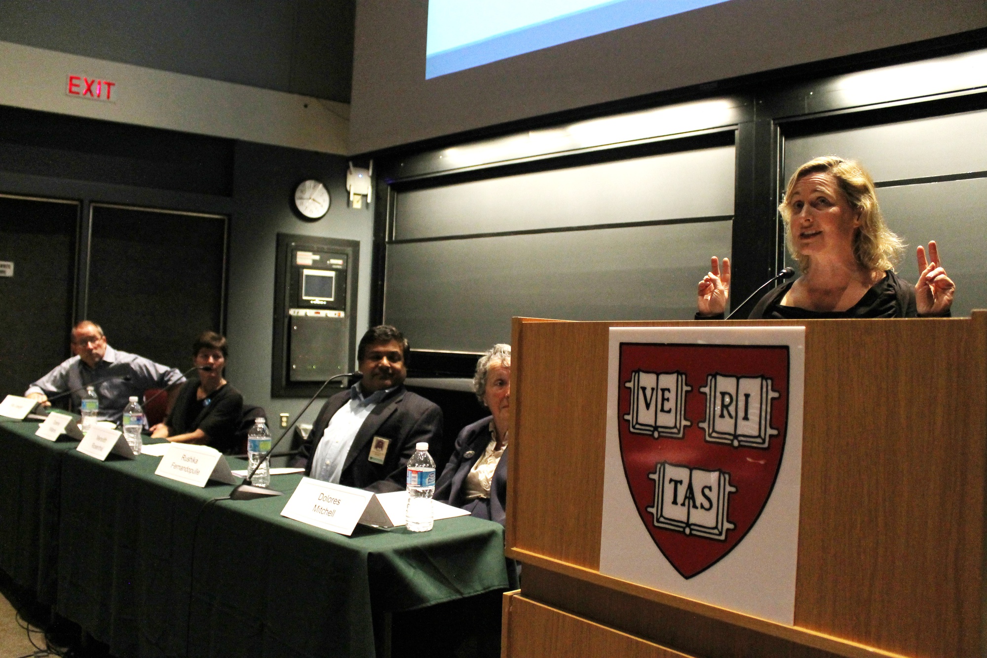 Meredith B. Rosenthal, professor at the School of Public Health, speaks about reducing health care costs at the HUCTW sponsored panel in the Science Center on Monday afternoon. 