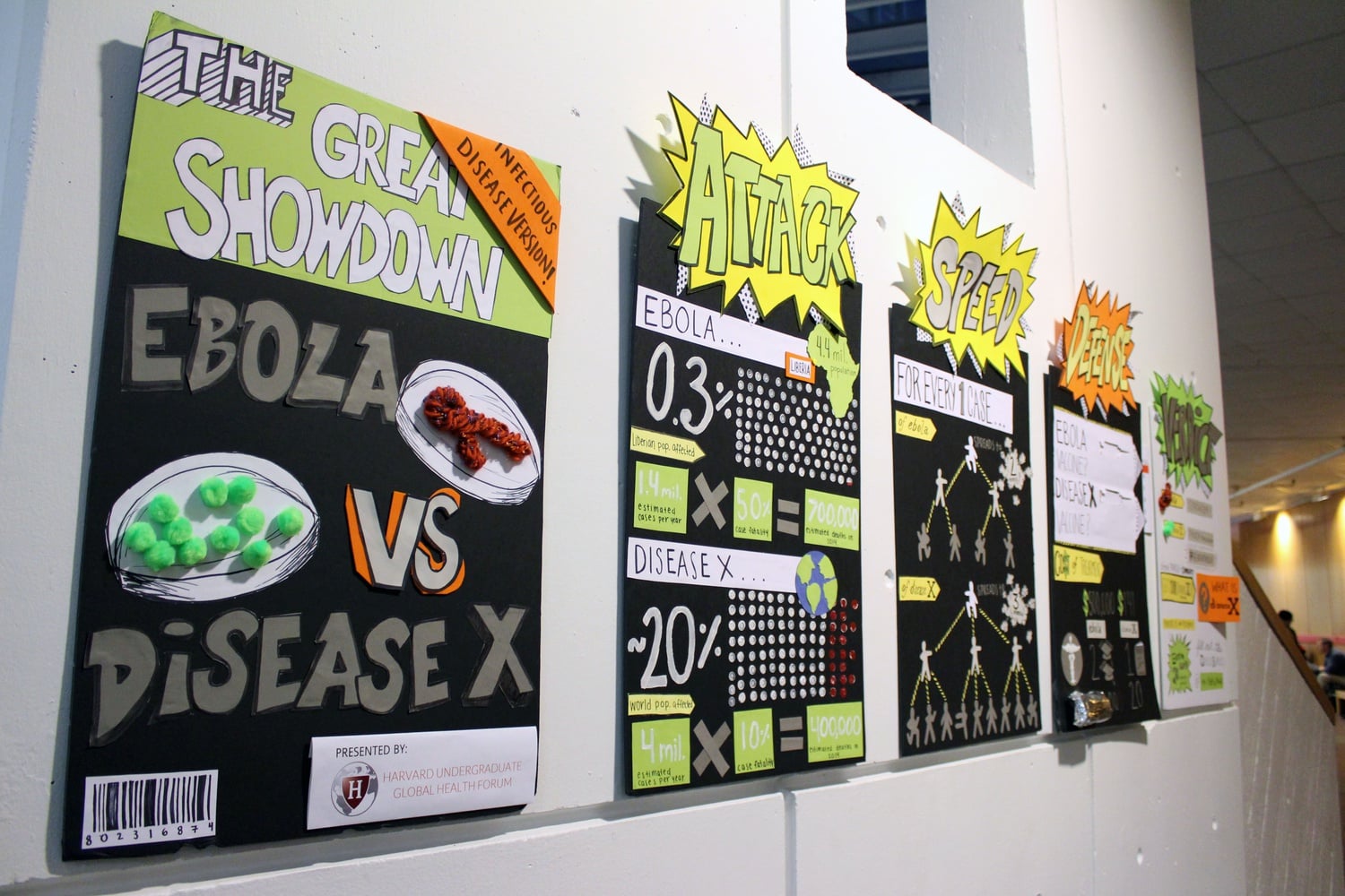 At the Science Center, the Harvard Undergraduate Global Health Forum presented the Emerging Epidemics Art Exhibit, which compared the Ebola virus to a more common, but deadly Disease X. 