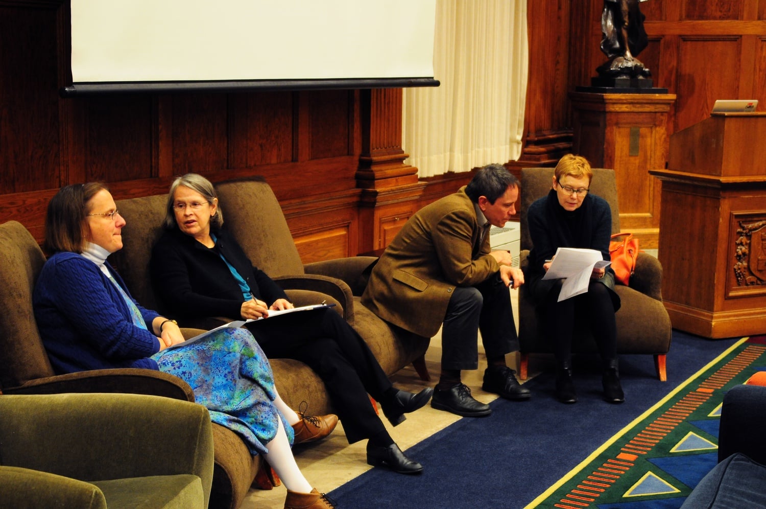 Karen King, Anne Monius, Ahmed Ragab, and Daniel Smail prepare for their lecture of a History of Death Thursday night in the Barker Center.  They chronicled the place of death in pre-modern history and worked to trace the intersections of politics and death across religious and cultural boundaries.