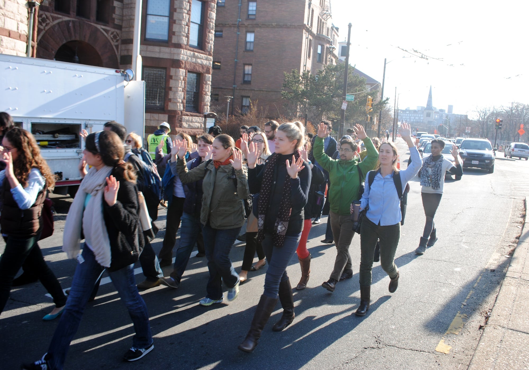 Students from the Graduate School of Education marched from Gutman Hall to Harvard Law School in protest of the Ferguson verdict on Monday, at one point blocking traffic.