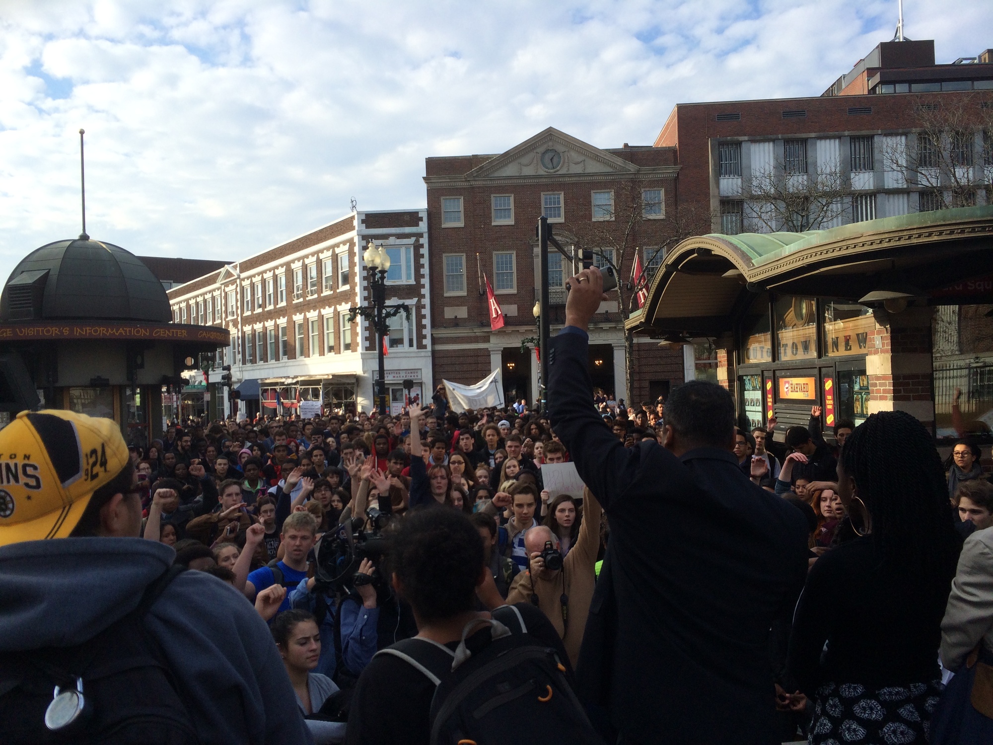 Vice Mayor of Cambridge Dennis Benzan addresses protesters gathered in Harvard Square with prepared remarks in support if equal treatment before the law. 