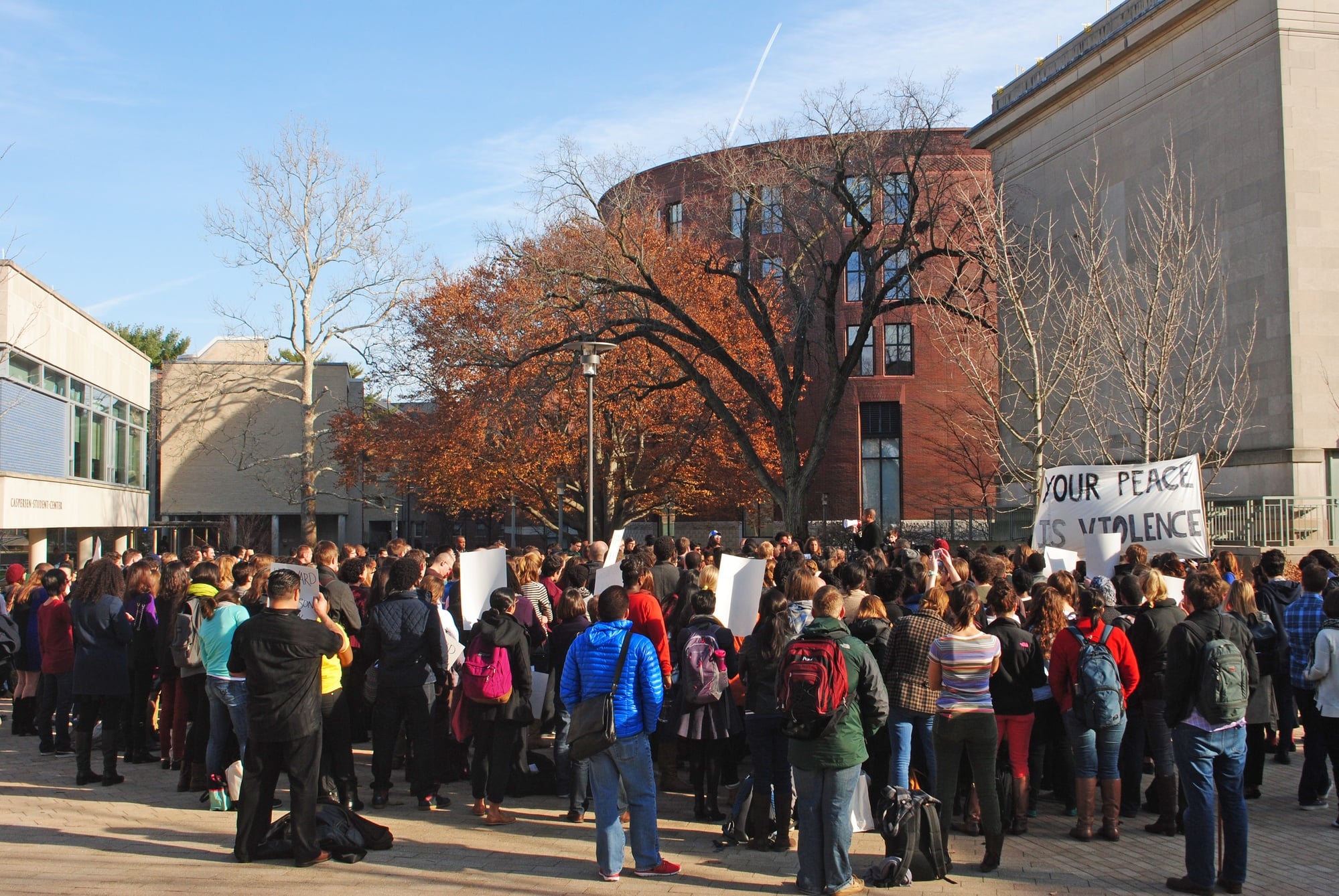 Protesters gather in front of the Law School's Wasserstein Hall for a rally on Monday at noon.