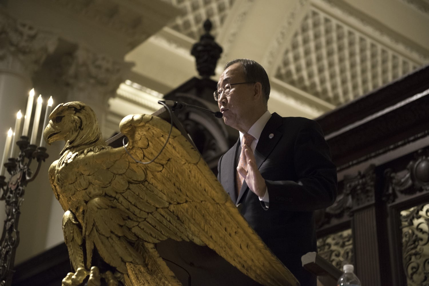 Ban Ki-Moon accepts the Harvard Foundation Peter J. Gomes Humanitarian Award as the 2014 Humanitarian of the Year on Tuesday in Memorial Church. Moon delivered a speech calling Harvard to action in supporting his efforts with the United Nations.