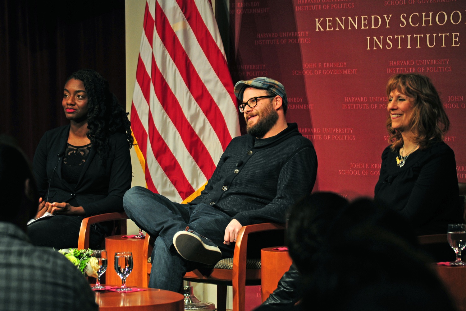 Seth Rogen, center, is flanked by Alexis Wilkinson and Lizz Winstead in a discussion about politics and comedy at the Institute of Politics. The Tuesday evening forum was followed by an early screening of "The Interview" afterwards at the Brattle Theater. 