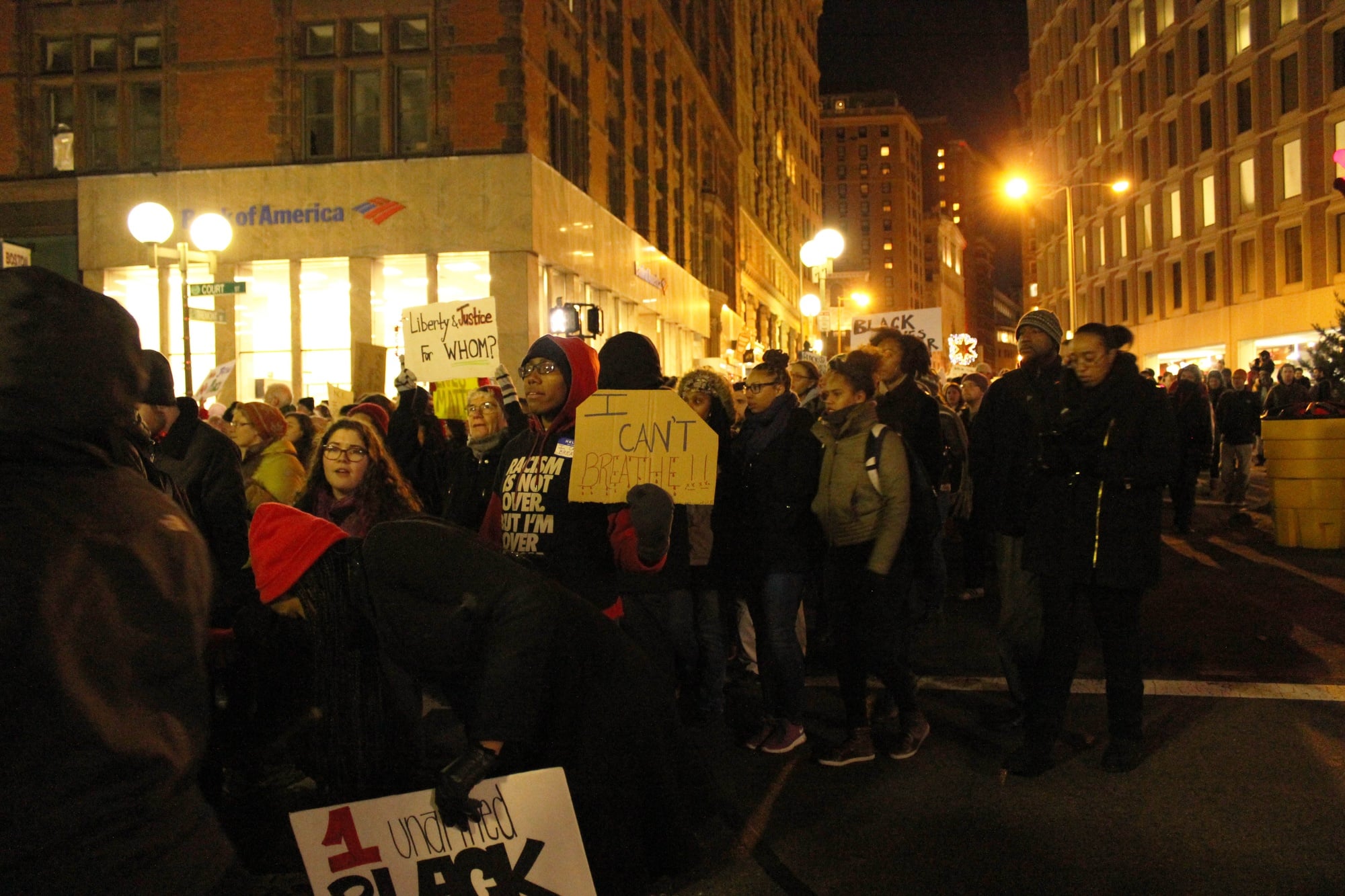 Demonstrators rally in the streets to protest the decision to not indict a New York City police officer in the death of Eric Garner.