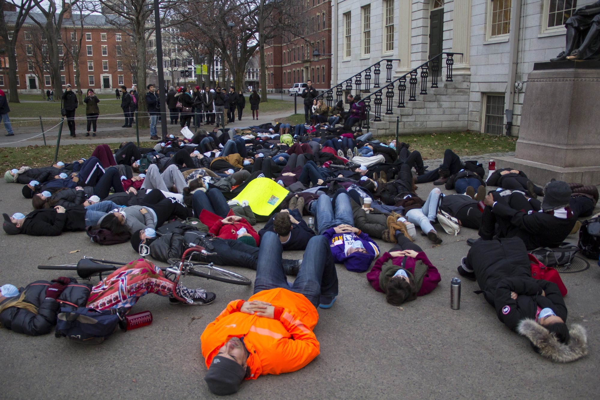 Harvard protesters lie down for 4.5 minutes to represent the number of hours Michael Brown's body lied in the streets of Ferguson, Mo.