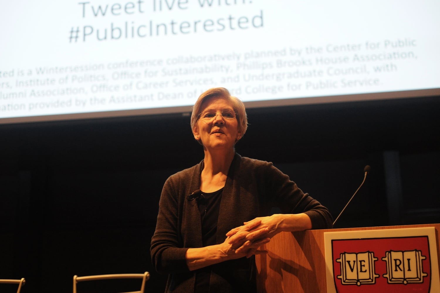 U.S. Senator Elizabeth Warren of Massachusetts shares stories from her current career in Science Center B on Saturday afternoon. Warren spoke at the "Public Interested" Wintersession conference.