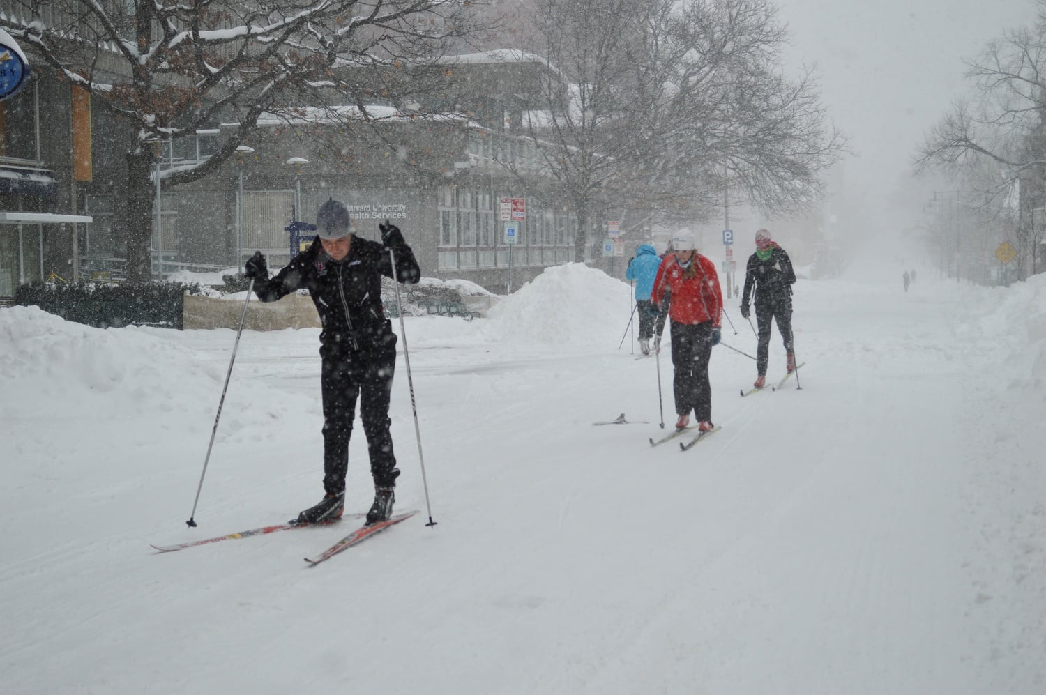 People skied down mostly empty streets in Cambridge Tuesday as snow blanketed the area.