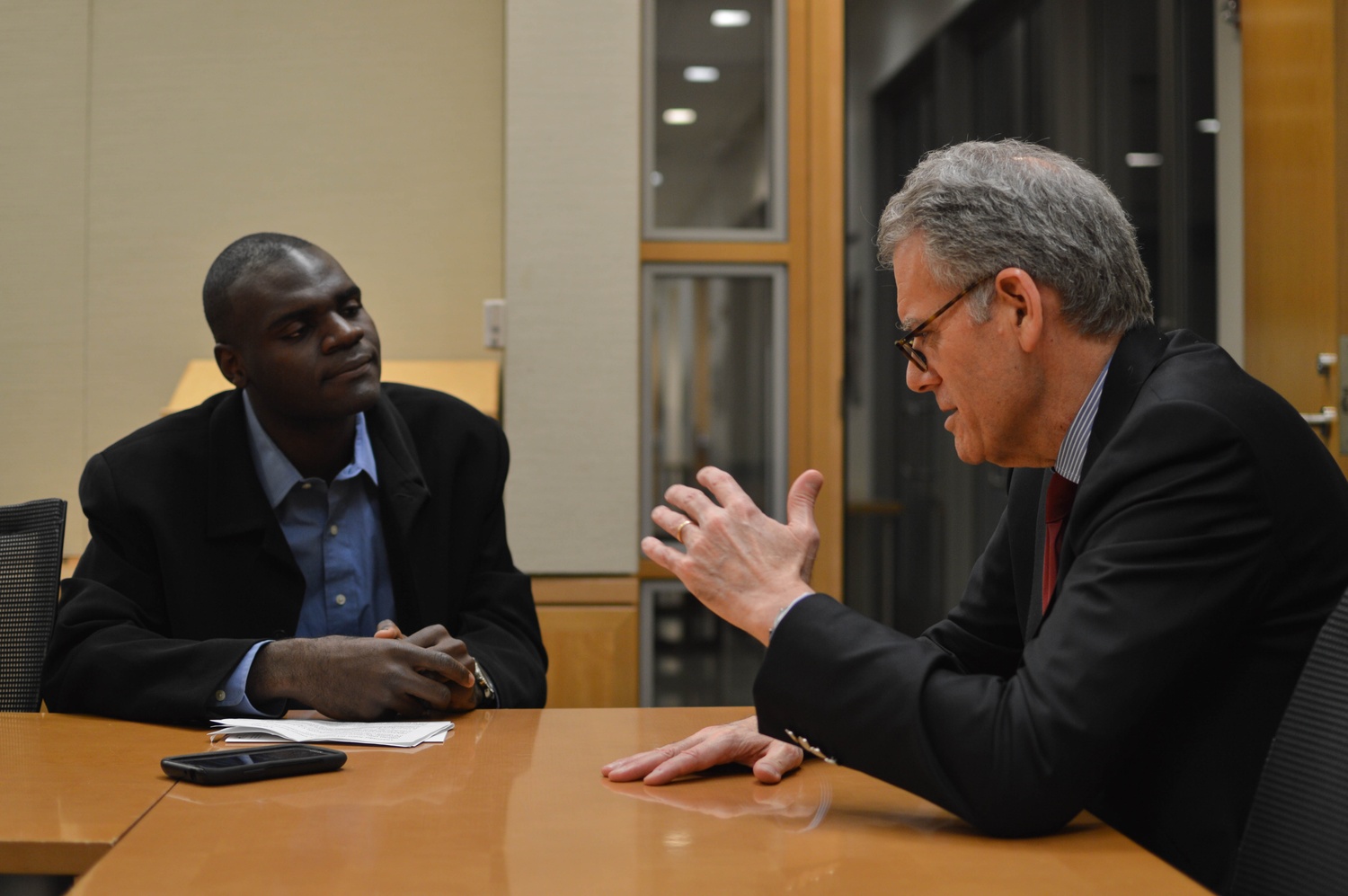 Jeffrey DeLaurentis, Chief of Mission at the U.S. Interests Section in Havana, Cuba, answers questions from Dennis O. Ojogho '16 in a January 30th interview. 